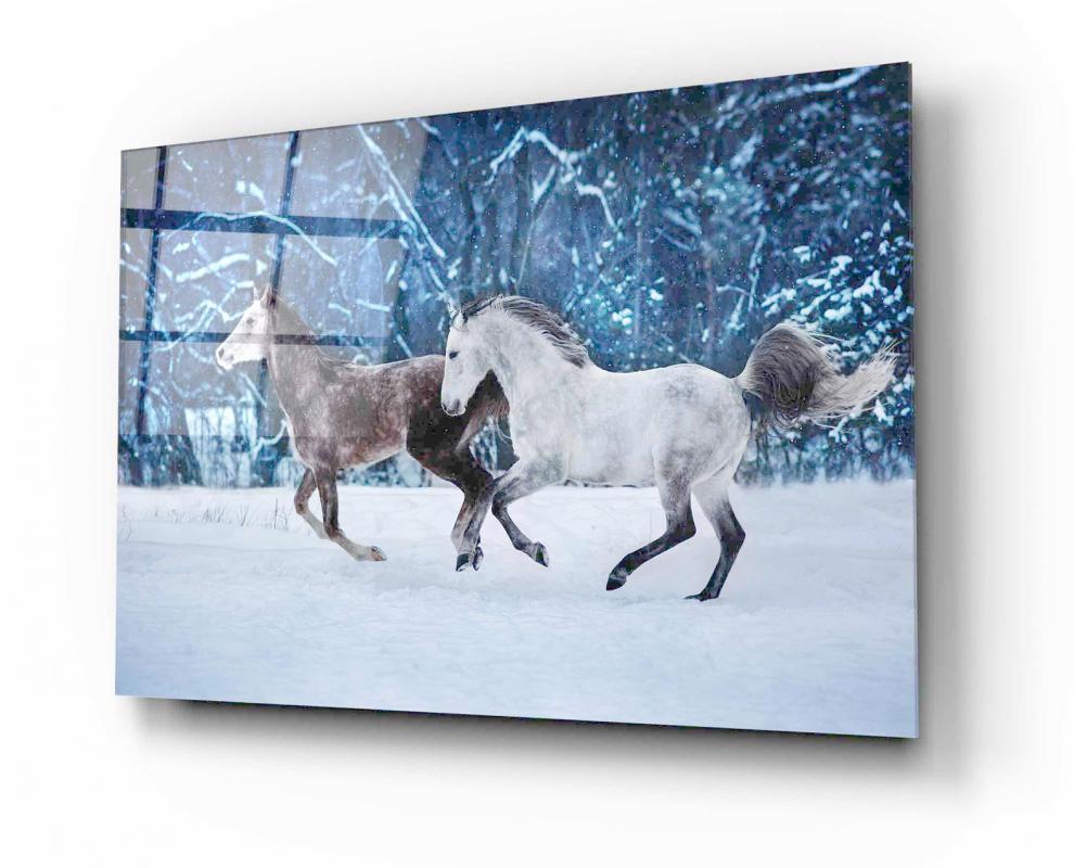 Deep Blue Horse Herd Tempered Glass Wall Art, primary product view, model 0GA0396