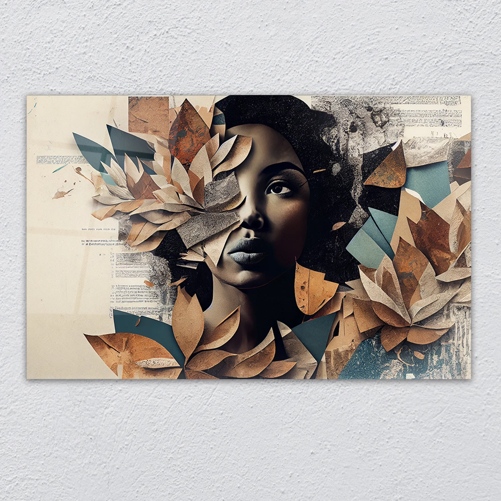 Autumn leaves woman collage glass wall art displayed above a sofa