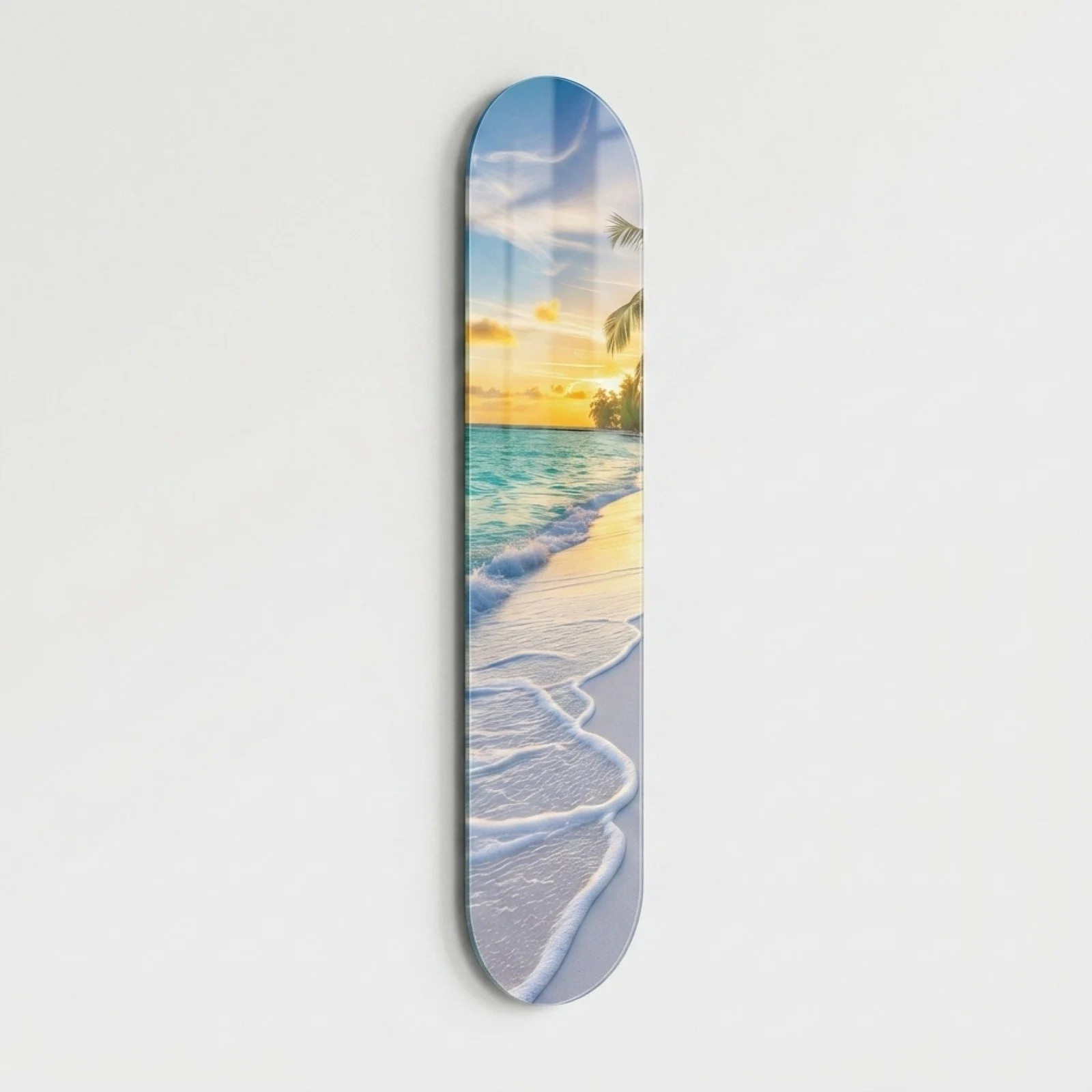 Tropical Beach Sunset Skateboard Glass Wall Art, front product view on a neutral background