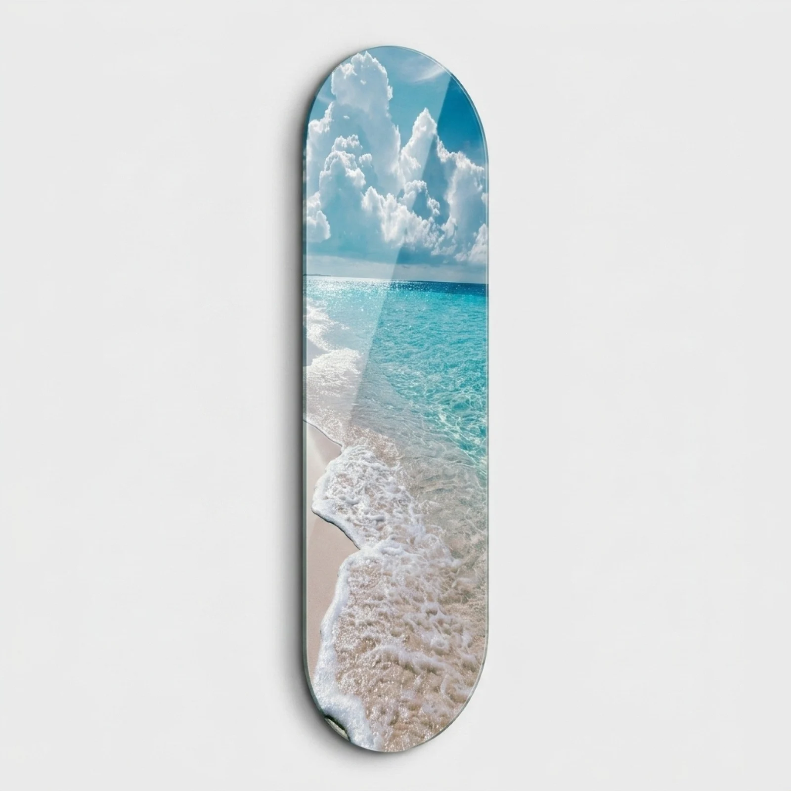 Turquoise Beach Escape Skateboard Glass Wall Art, front product view on a neutral background
