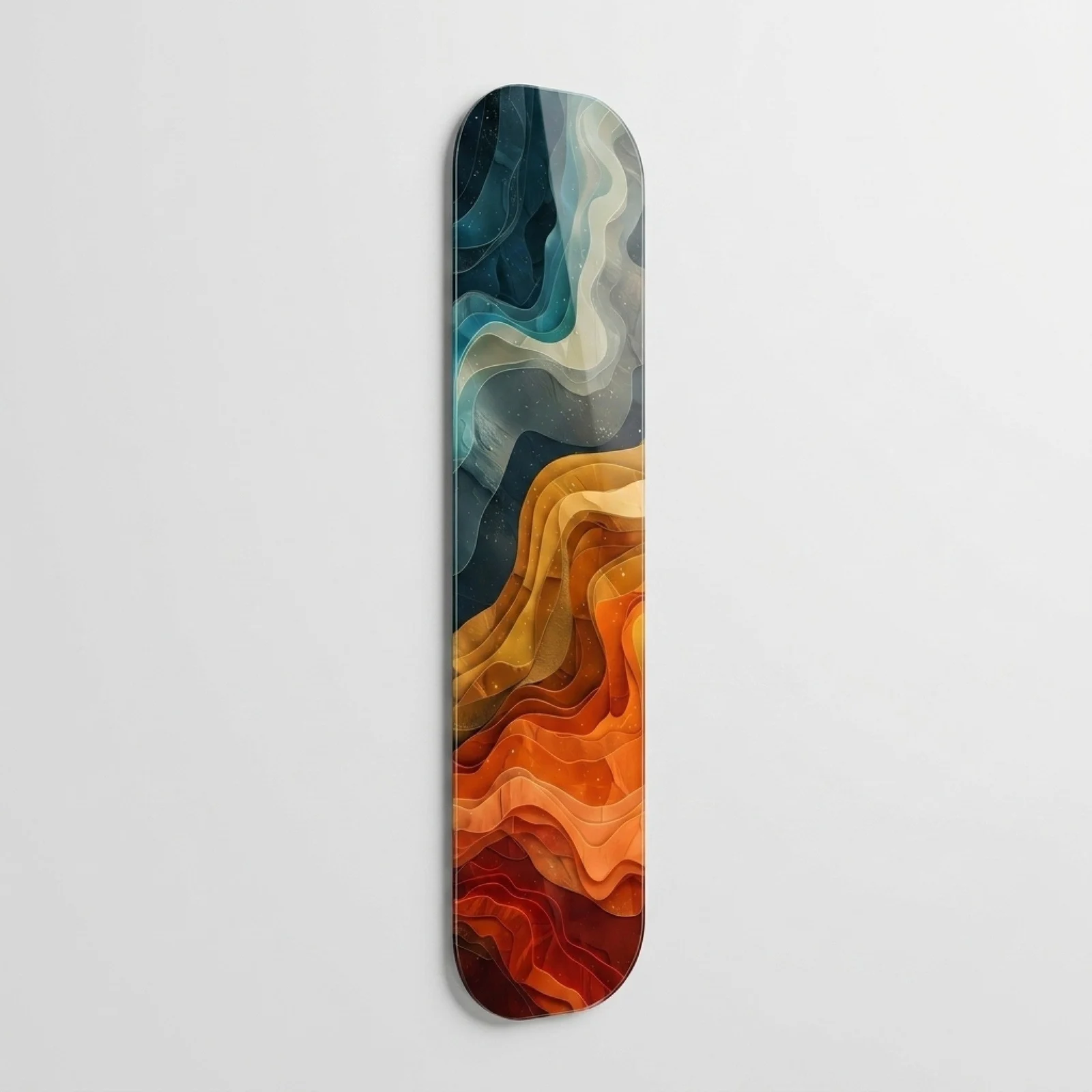 Layered Navy and Orange Abstract Skateboard Glass Wall Art, front product view on a neutral background