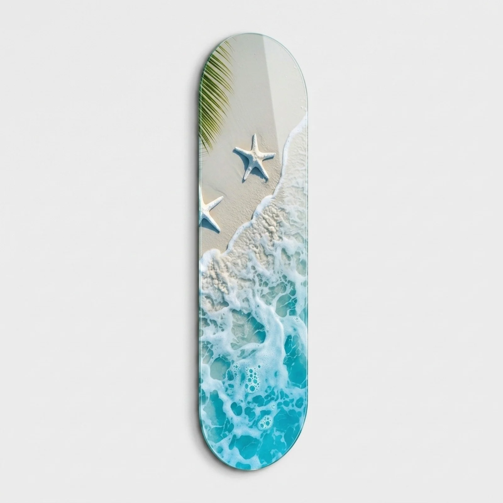 Aerial Tropical Shore Skateboard Glass Wall Art, front product view on a neutral background