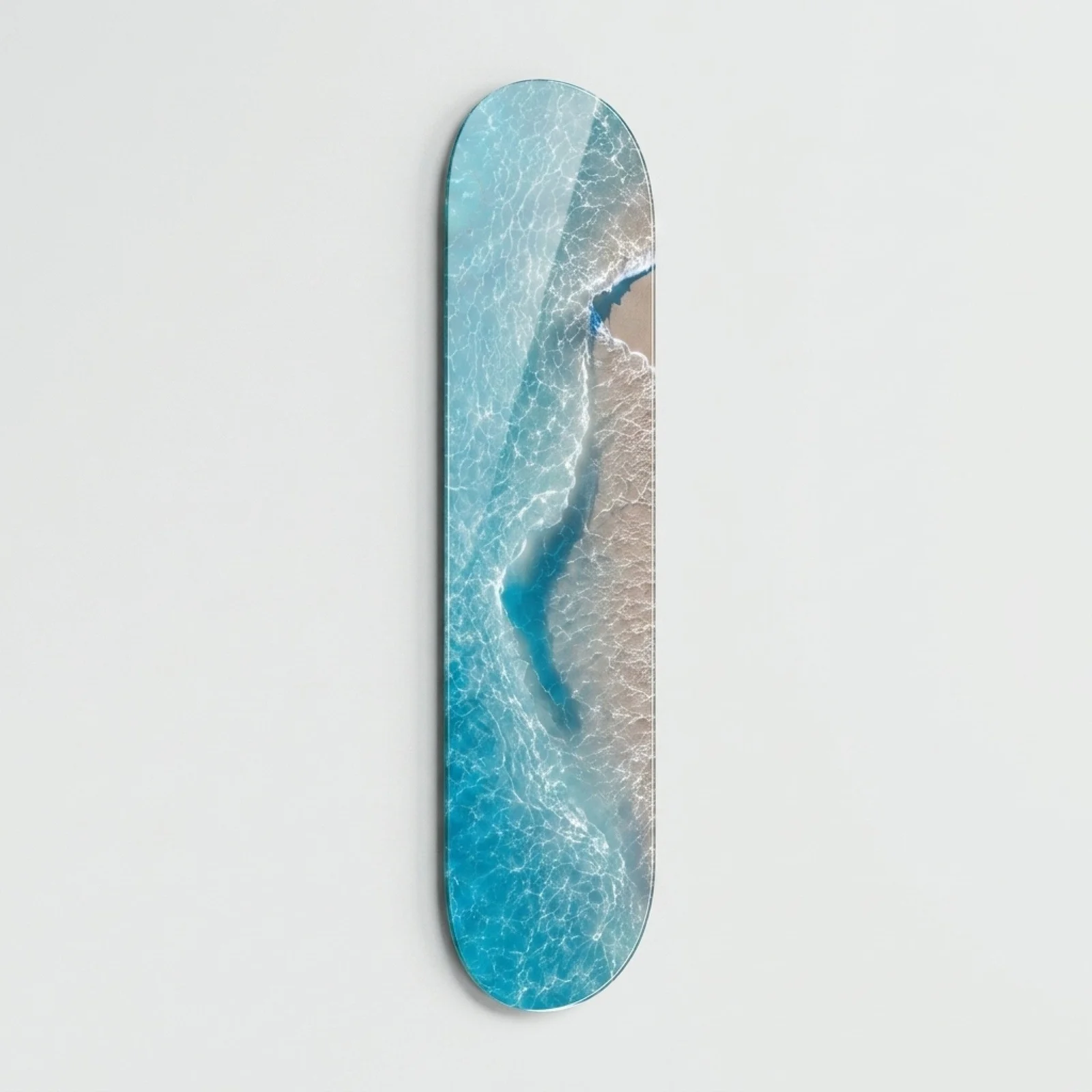 Minimal Turquoise Coastline Skateboard Glass Wall Art, front product view on a neutral background