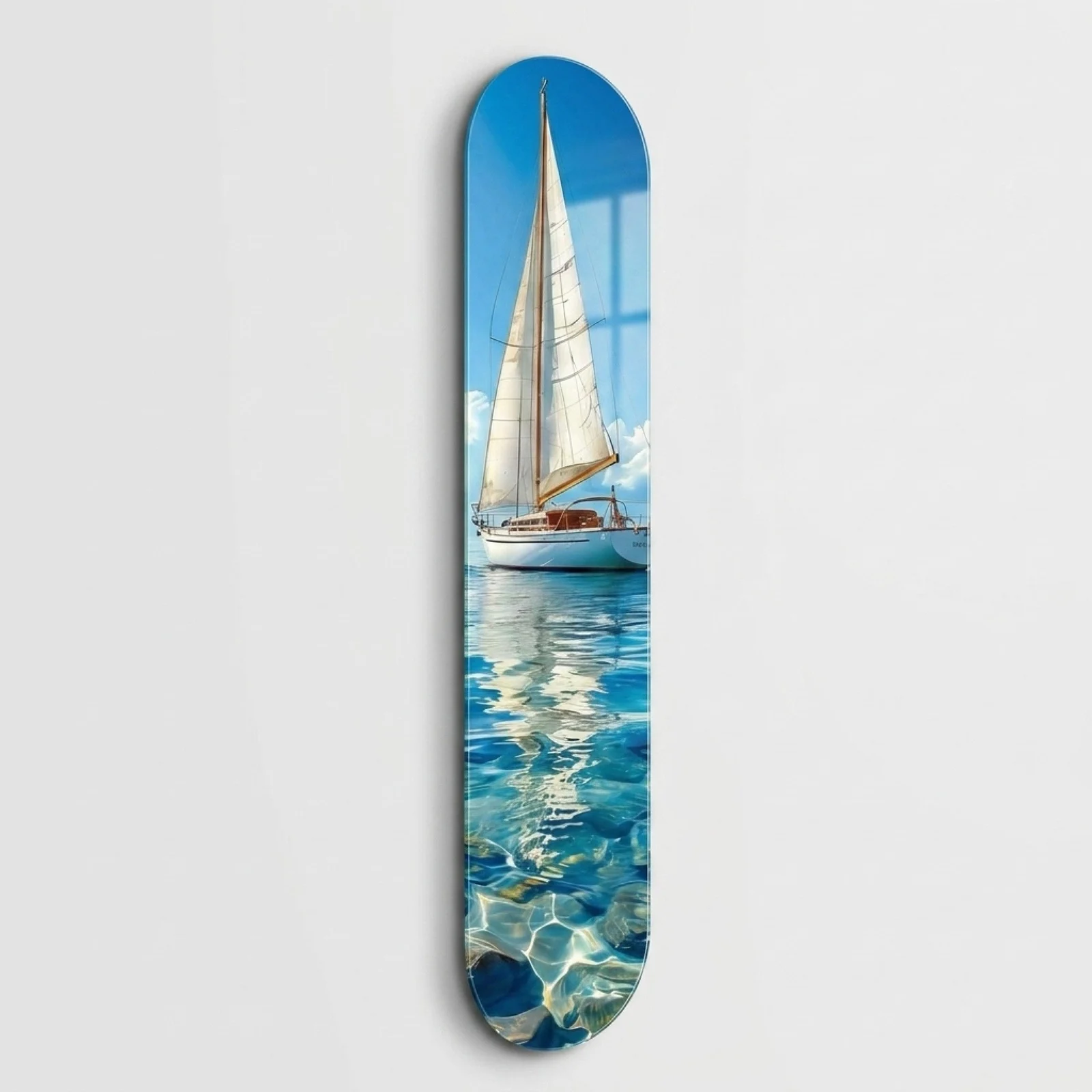 White Sailboat on Blue Sea Skateboard Glass Wall Art, front product view on a neutral background