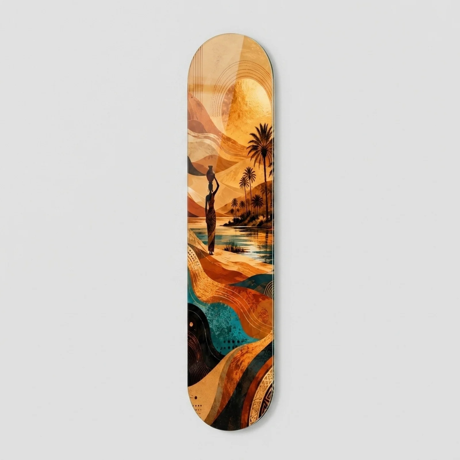 African Oasis Sunset Skateboard Glass Wall Art, front product view on a neutral background