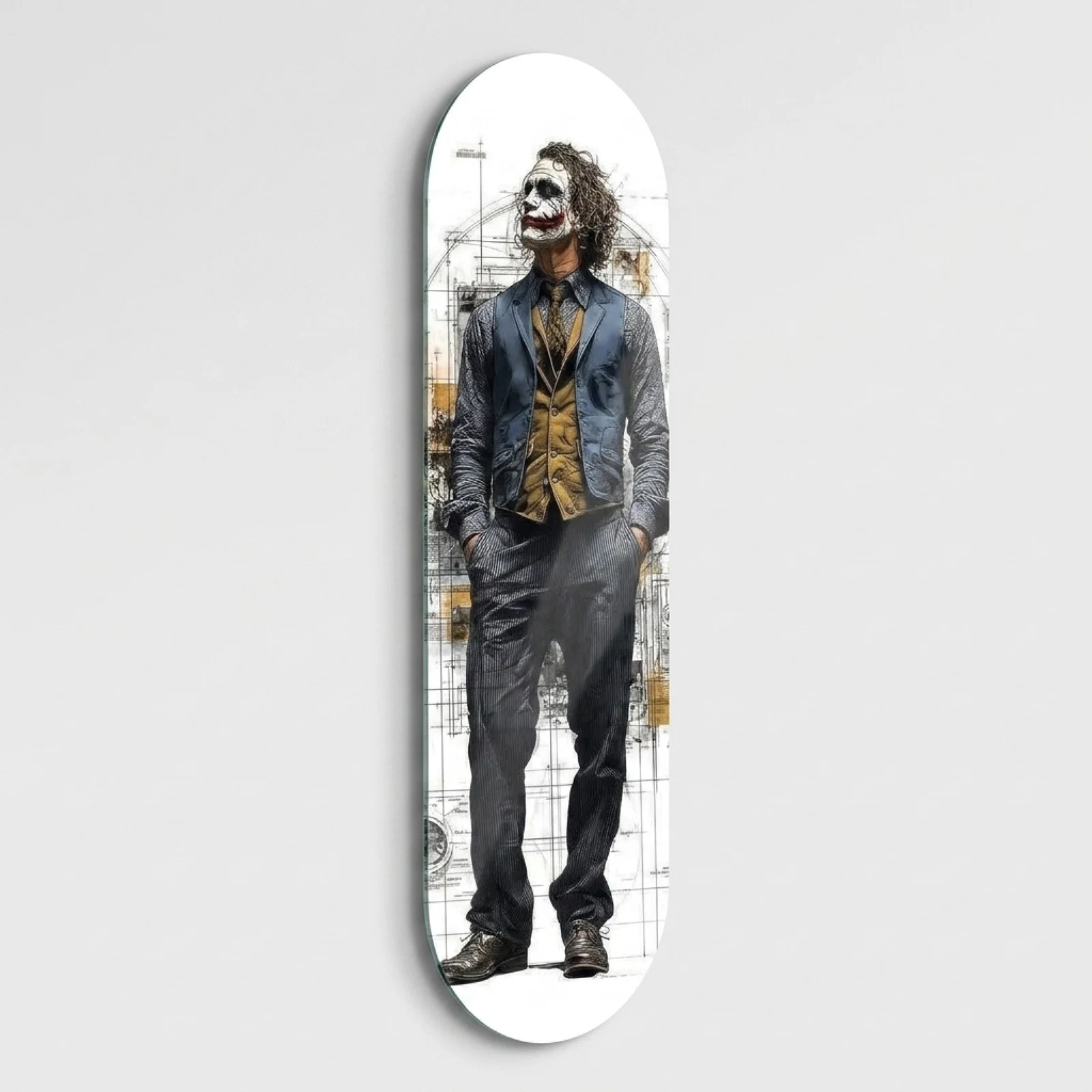 Cinematic Clown Portrait Skateboard Glass Wall Art, front product view on a neutral background