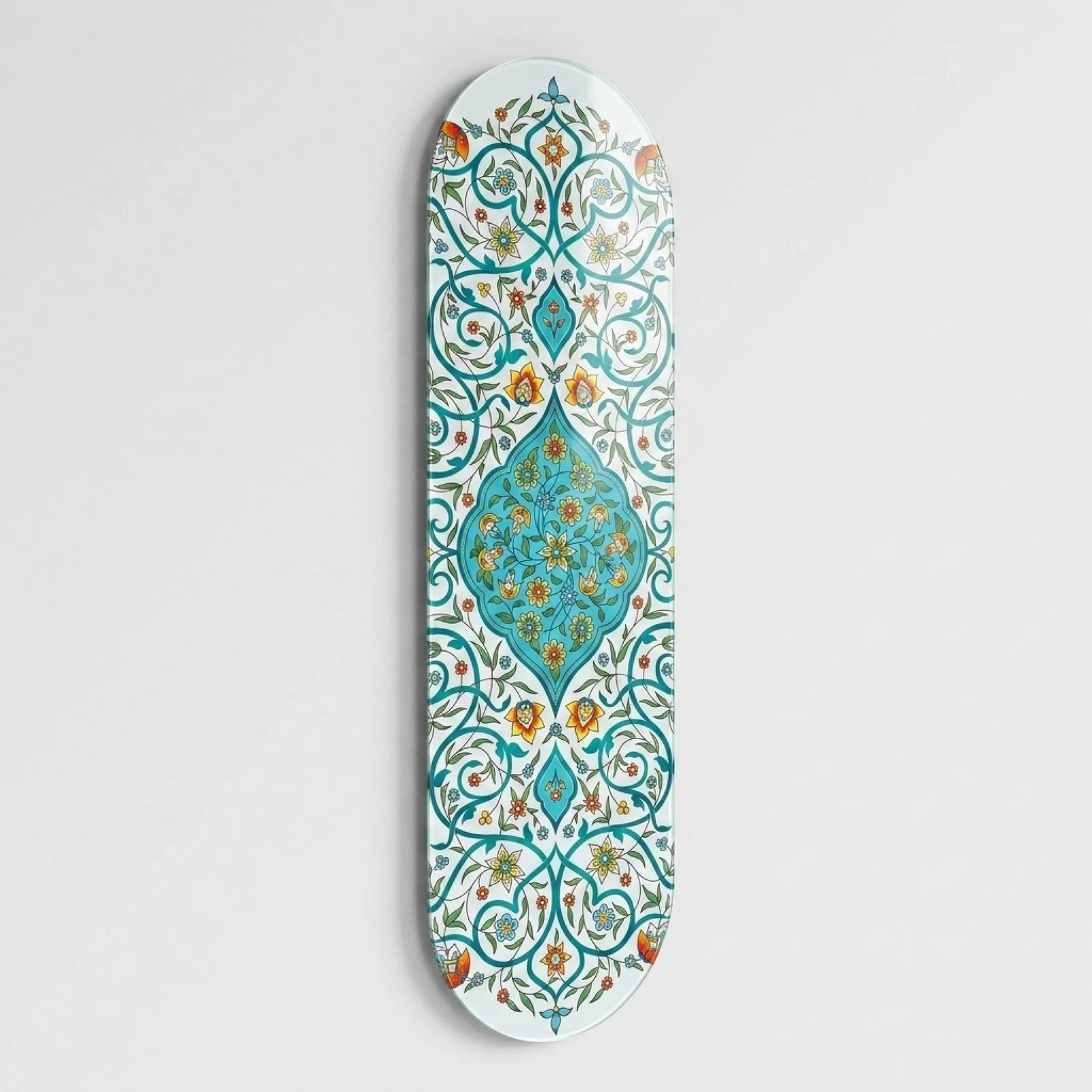 Turquoise Ottoman Floral Pattern Skateboard Glass Wall Art, front product view on a neutral background