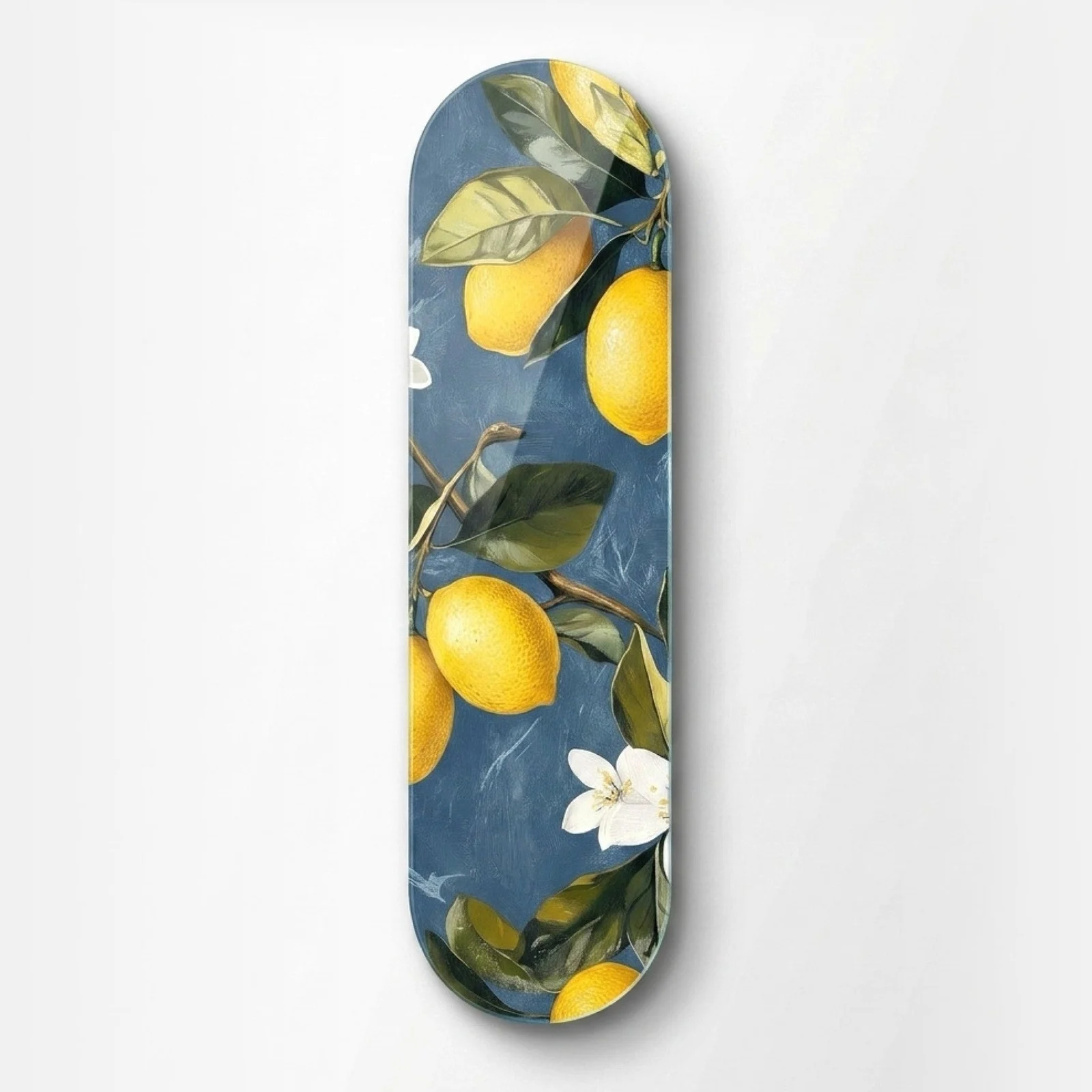 Lemon Blossom Botanical Skateboard Glass Wall Art, front product view on a neutral background