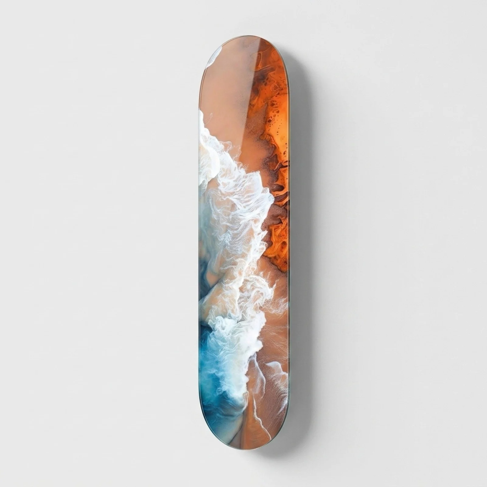 Turquoise Waves and Golden Coast Skateboard Glass Wall Art, front product view on a neutral background