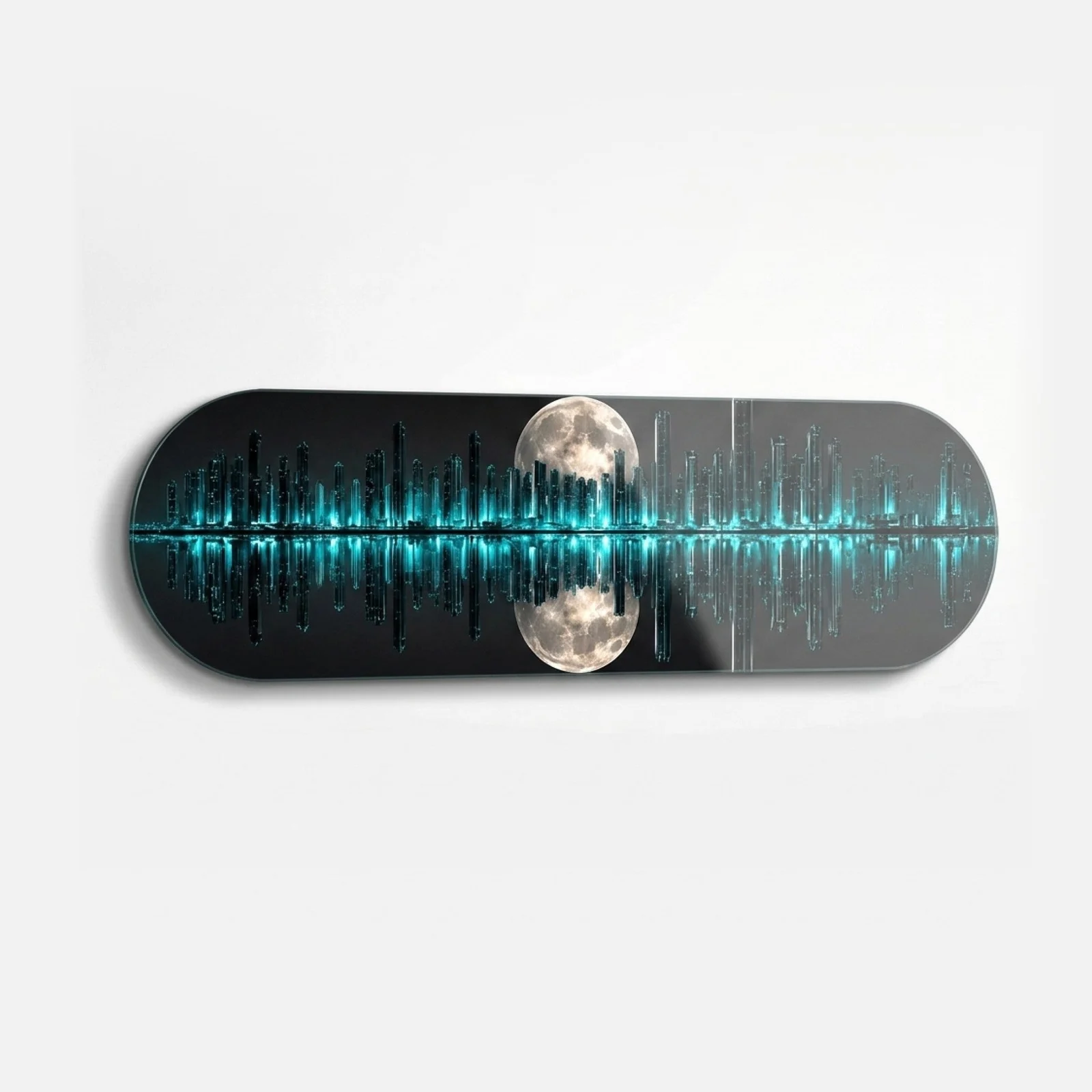 Neon Moon Reflection Horizontal Skateboard Glass Wall Art, front product view on a neutral background