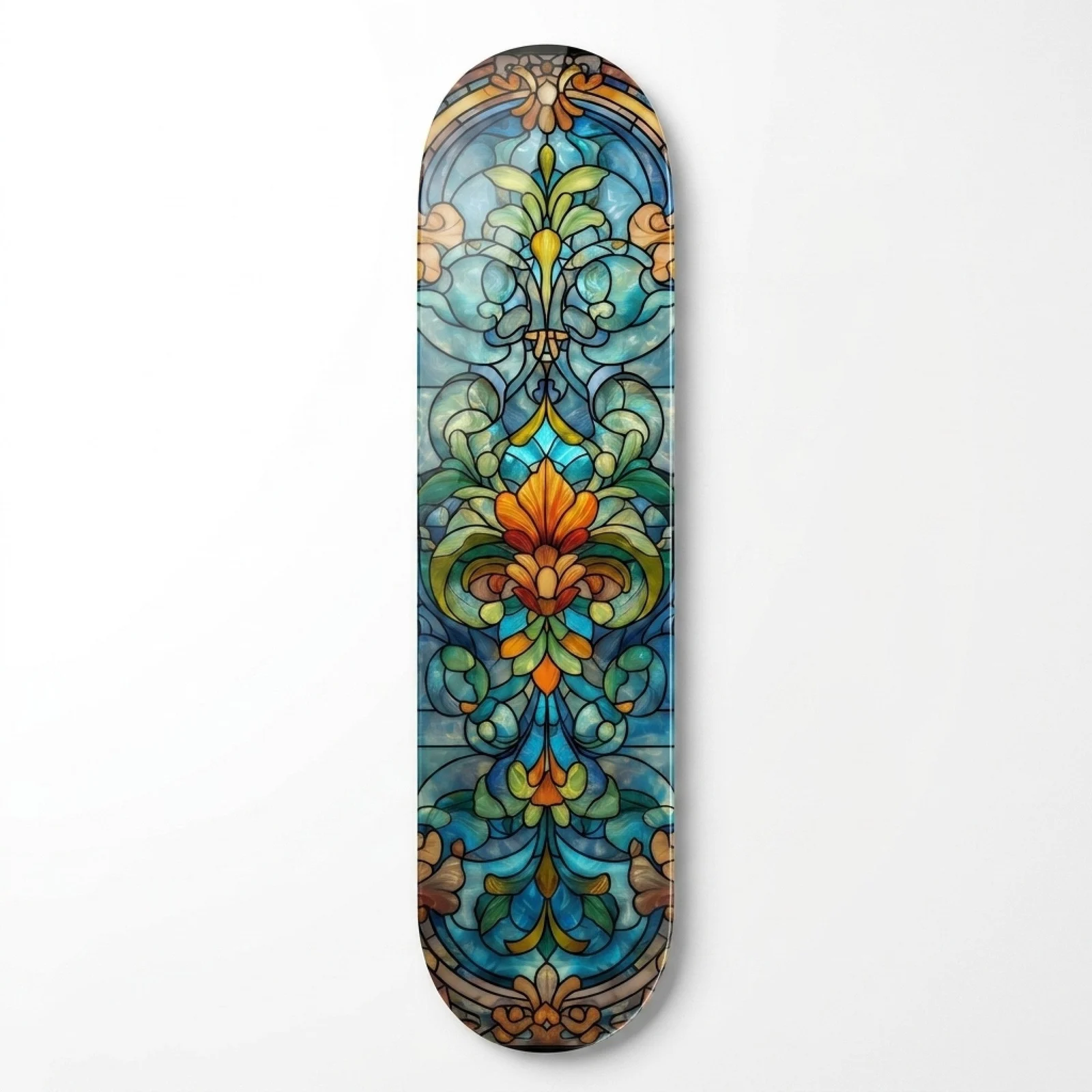 Stained Glass Floral Pattern Skateboard Glass Wall Art, front product view on a neutral background