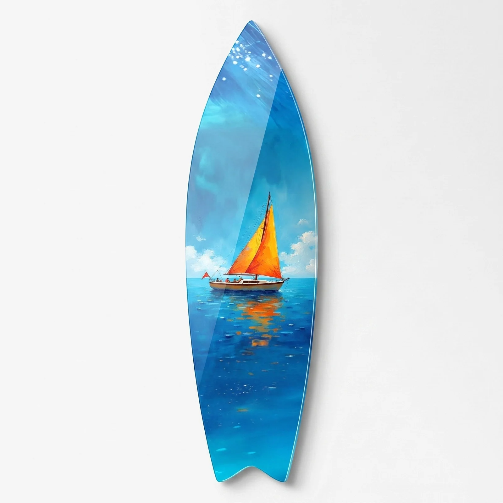 Orange Sailboat at Sea Surfboard Glass Wall Art, front product view on a neutral background