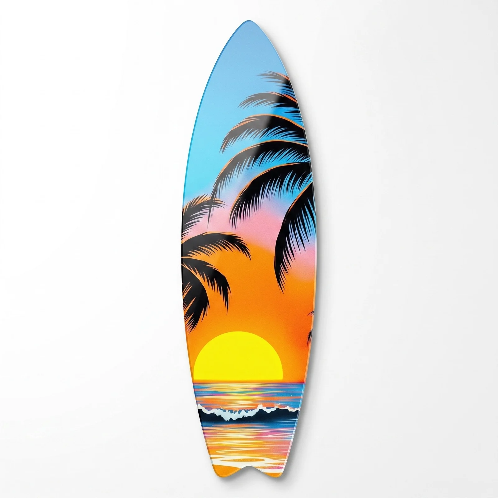 Tropical Palm Sunset Surfboard Glass Wall Art, front product view on a neutral background