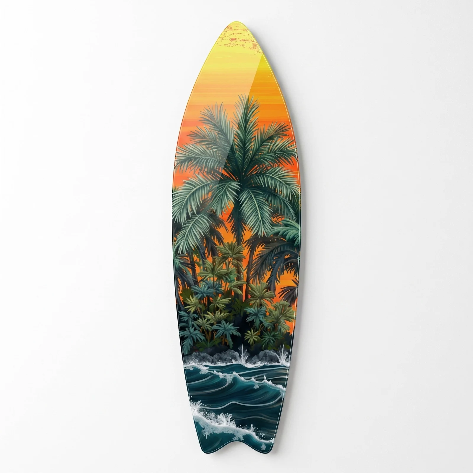 Island Palms at Sunset Surfboard Glass Wall Art, front product view on a neutral background