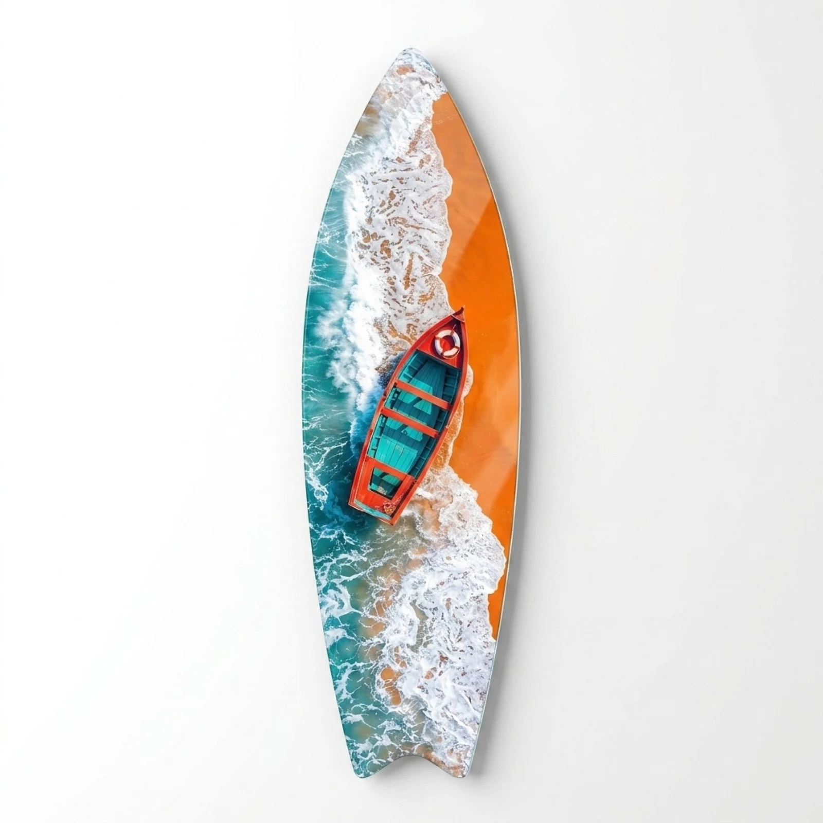 Red Boat in Turquoise Surf Surfboard Glass Wall Art, front product view on a neutral background