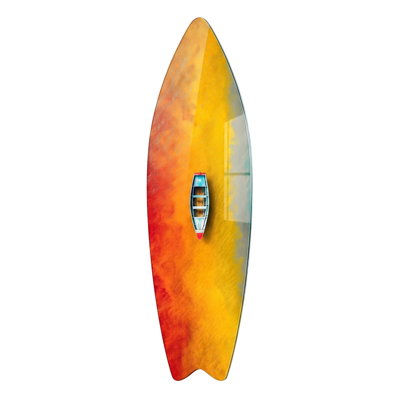 Golden Water Aerial Boat Surfboard Glass Wall Art, front product view on a neutral background