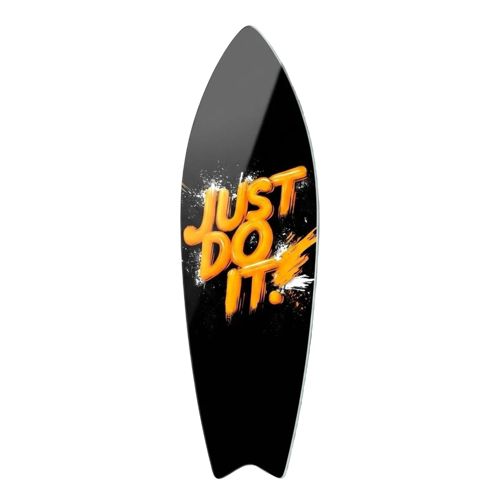 Bold Orange Action Quote Surfboard Glass Wall Art, front product view on a neutral background