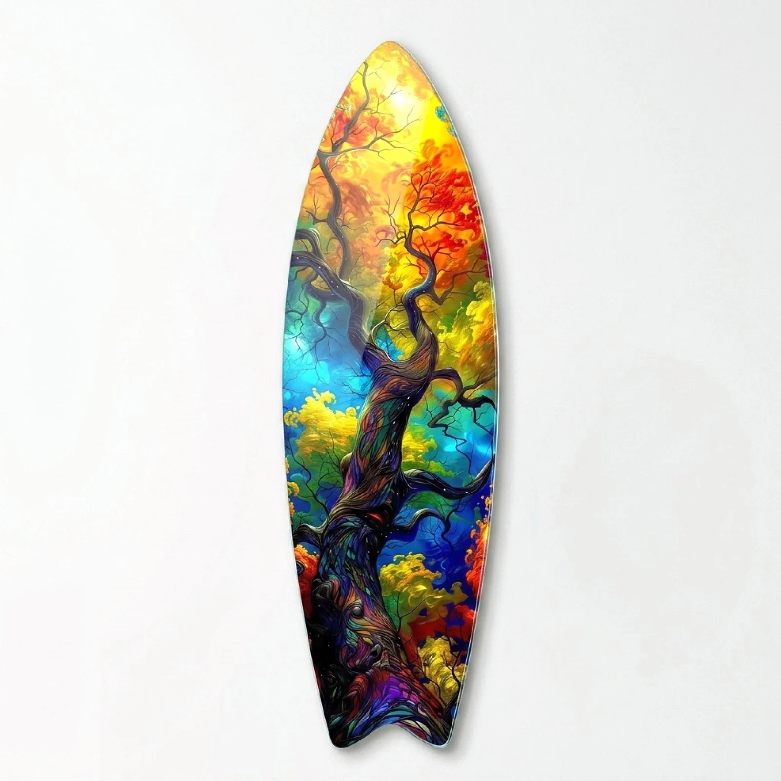 Rainbow Tree of Life Surfboard Glass Wall Art, front product view on a neutral background