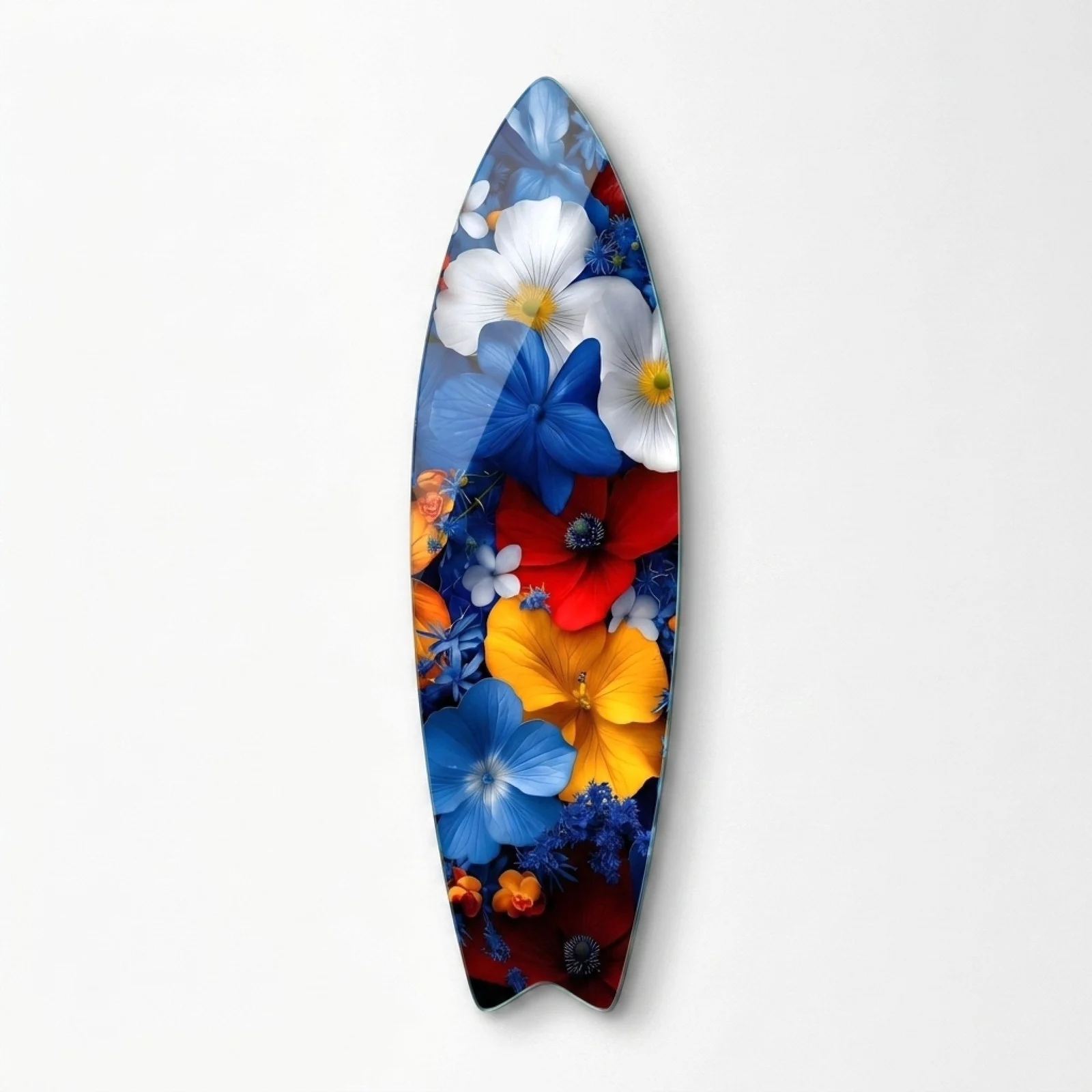 Vibrant Floral Bouquet Surfboard Glass Wall Art, front product view on a neutral background