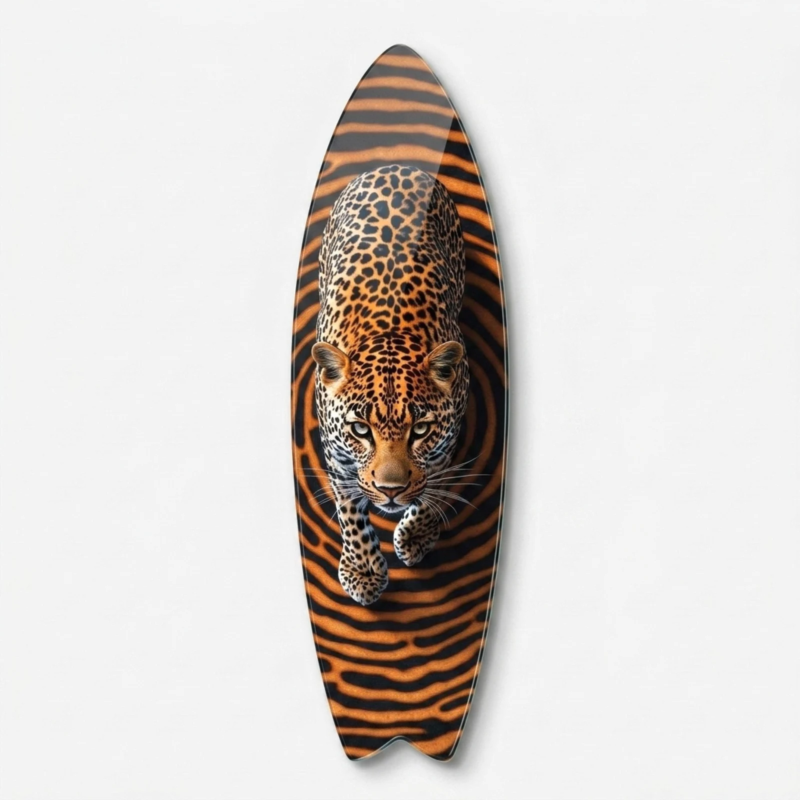 Leopard and Tiger Stripe Surfboard Glass Wall Art, front product view on a neutral background