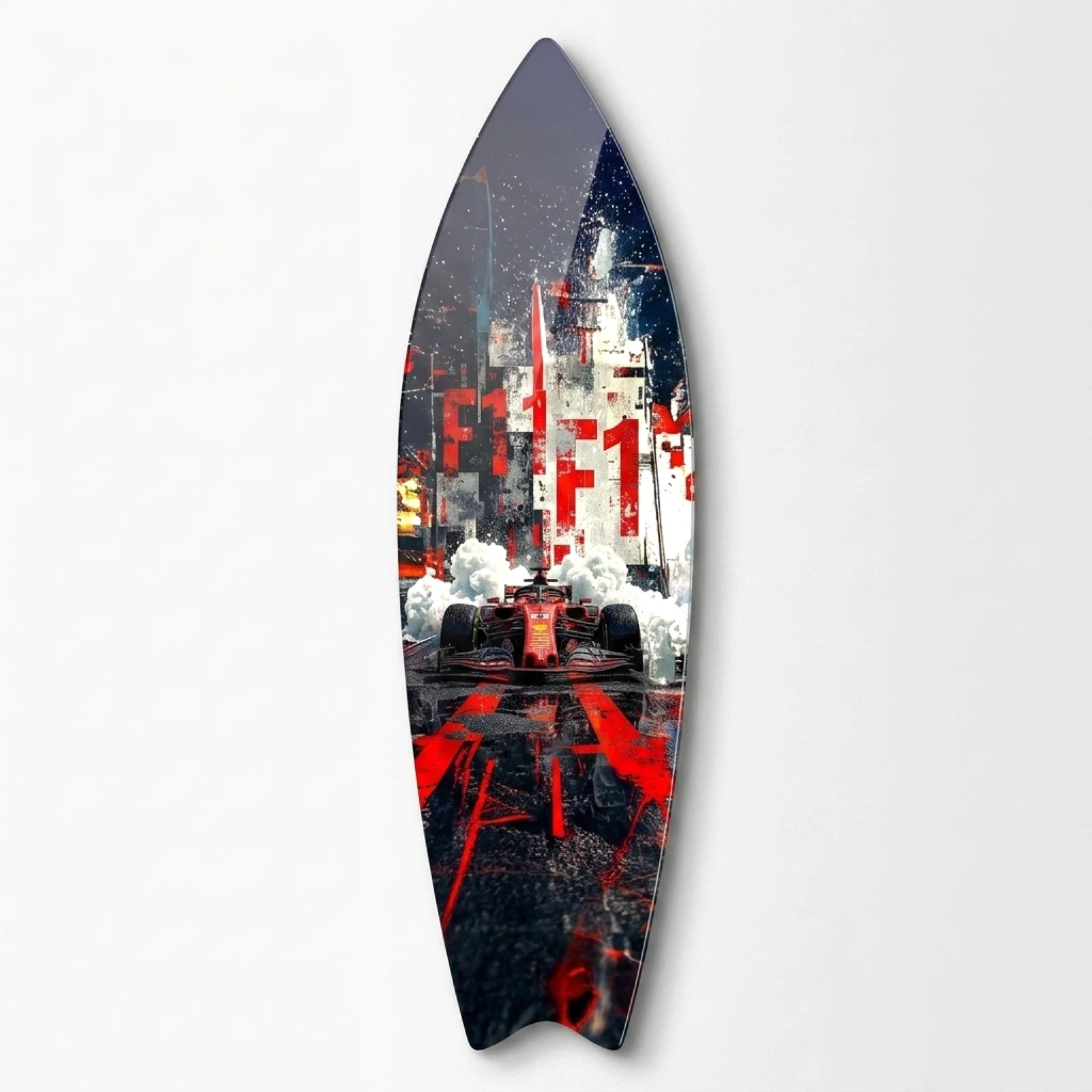 Red Formula Racing Car Surfboard Glass Wall Art, front product view on a neutral background