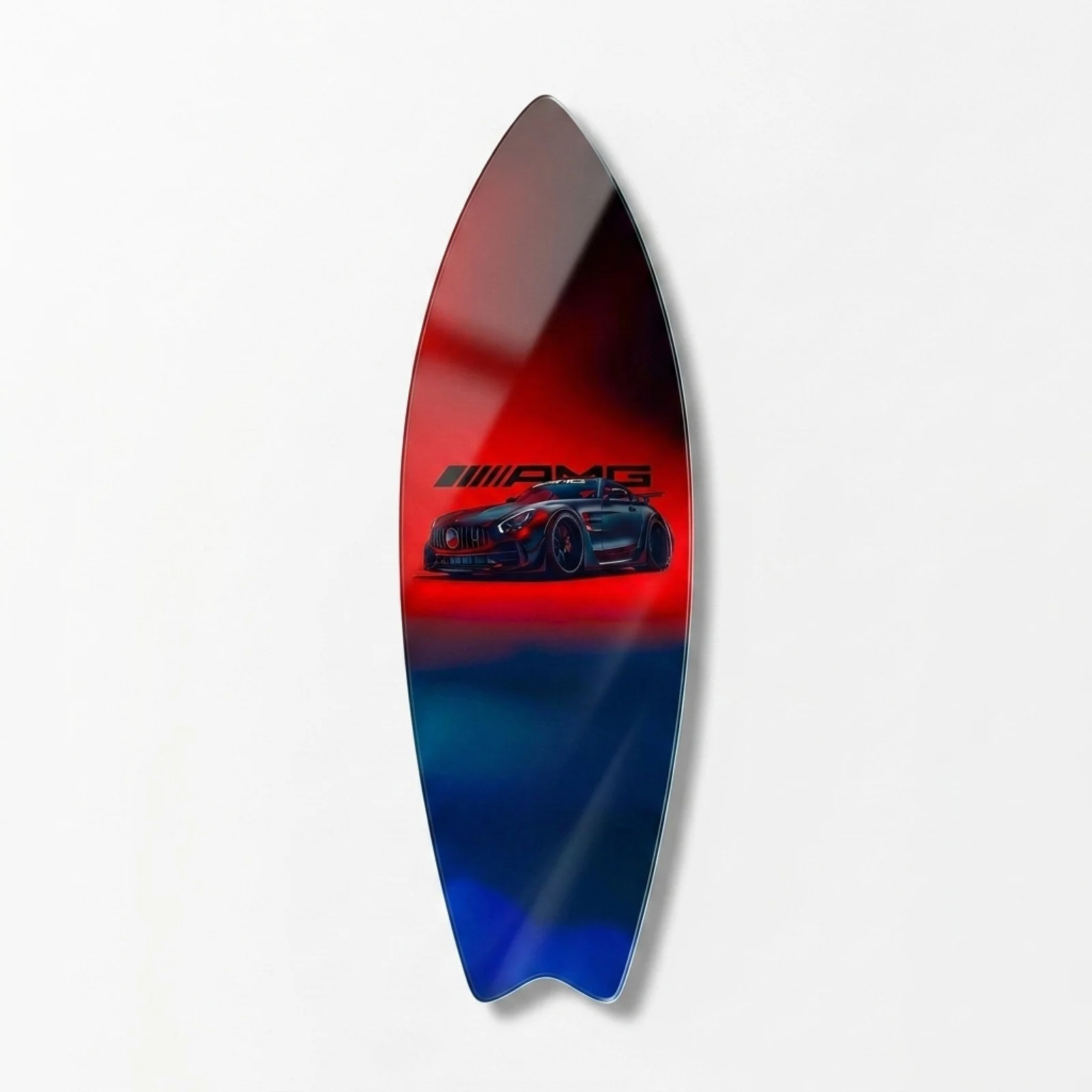 Red Performance Sports Car Surfboard Glass Wall Art, front product view on a neutral background