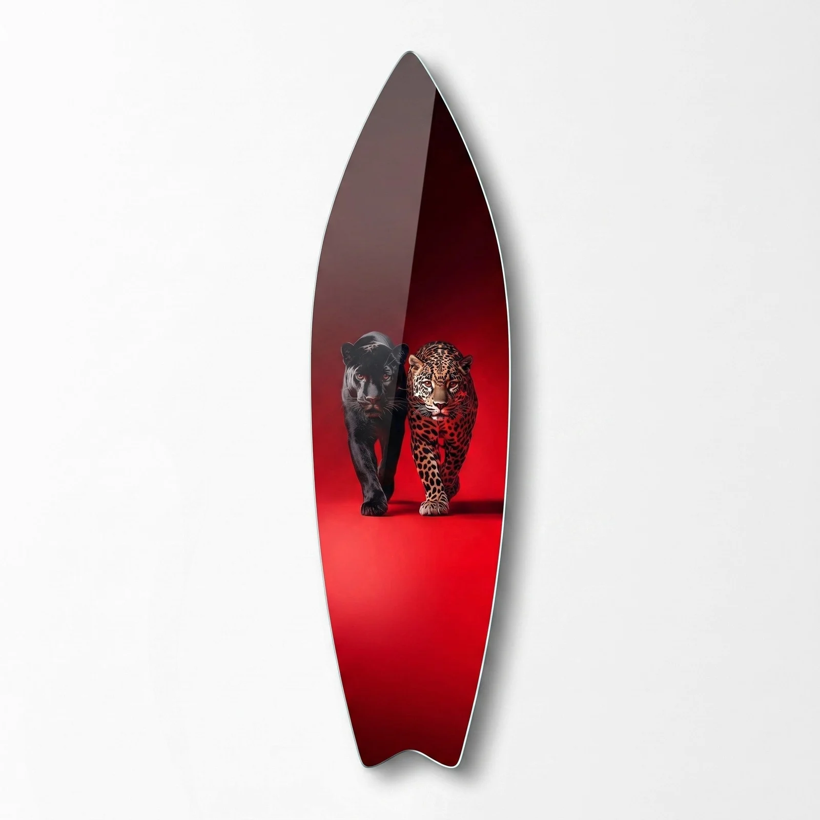 Black Panther and Leopard Surfboard Glass Wall Art, front product view on a neutral background