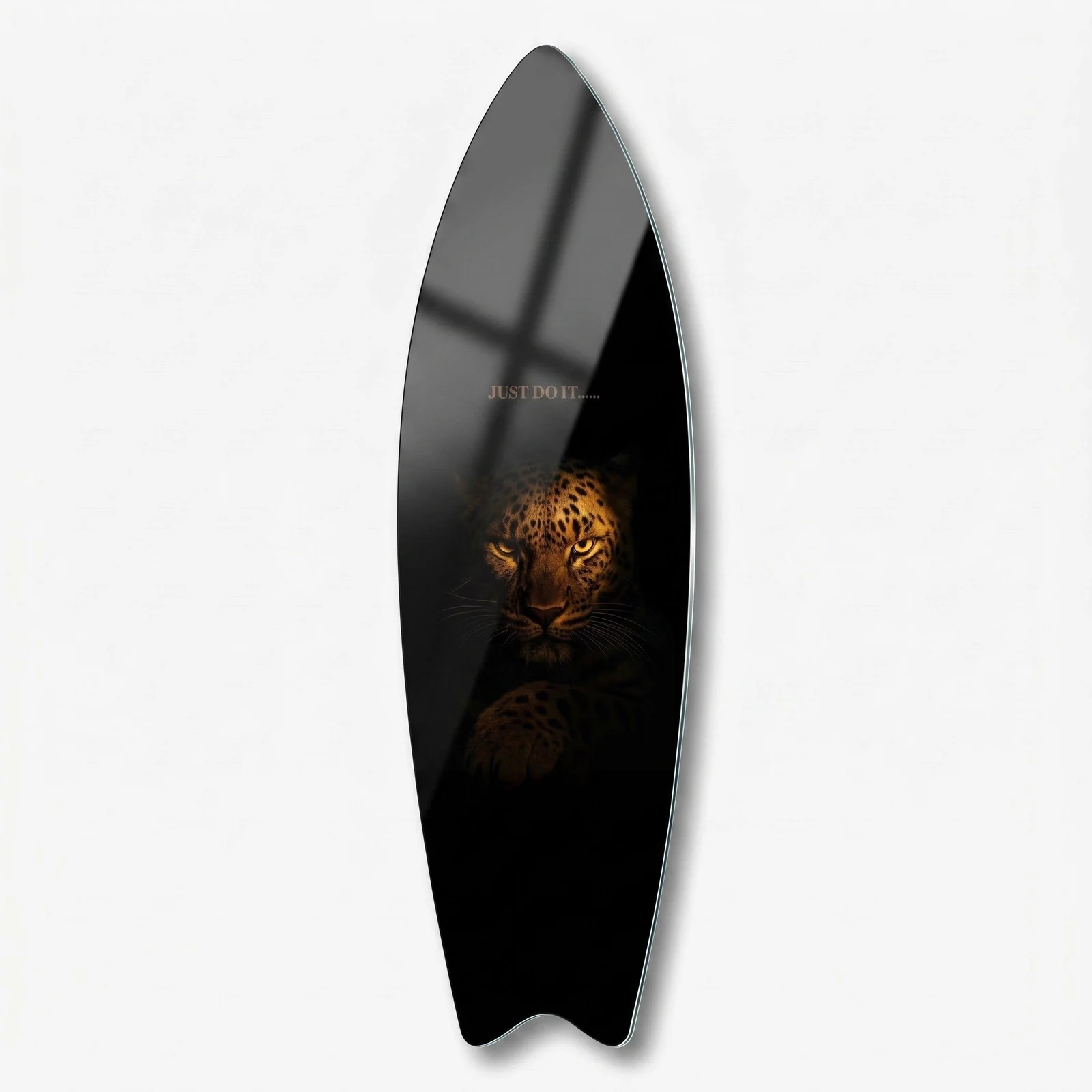 Leopard Eyes in Darkness Surfboard Glass Wall Art, front product view on a neutral background