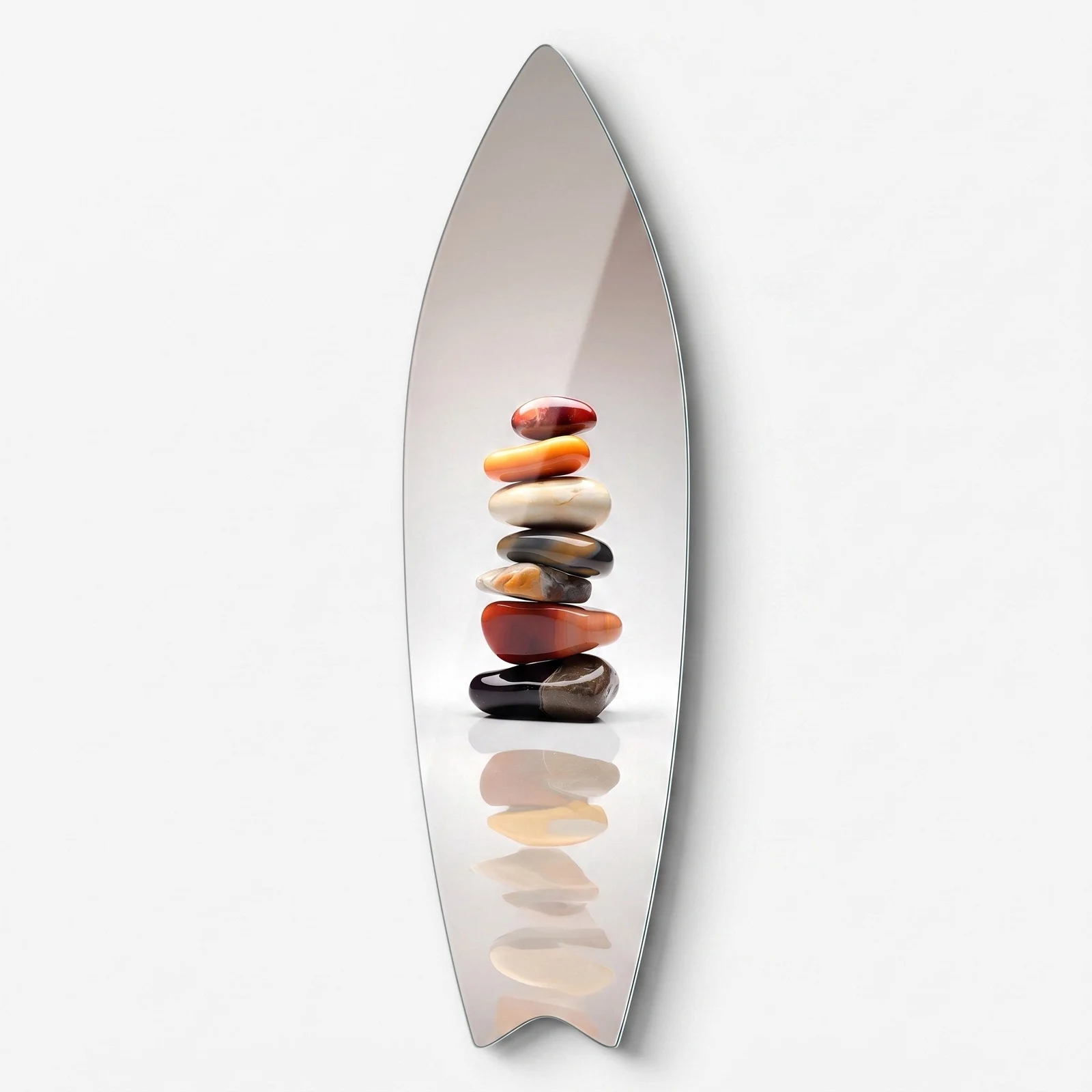 Balanced Zen Stones Surfboard Glass Wall Art, front product view on a neutral background