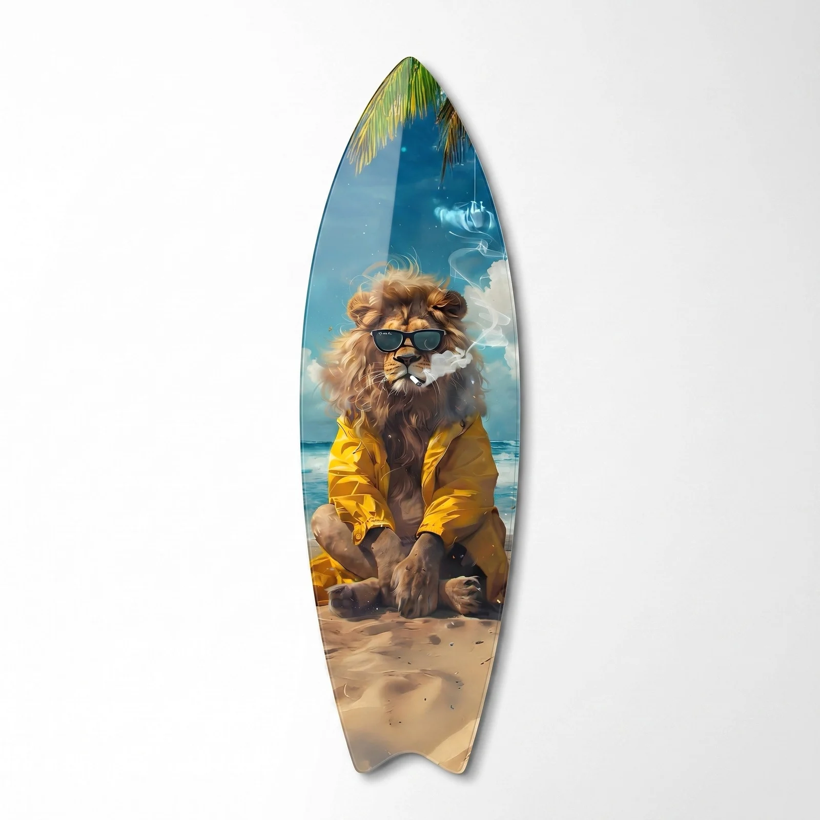 Stylish Lion on Tropical Beach Surfboard Glass Wall Art, front product view on a neutral background