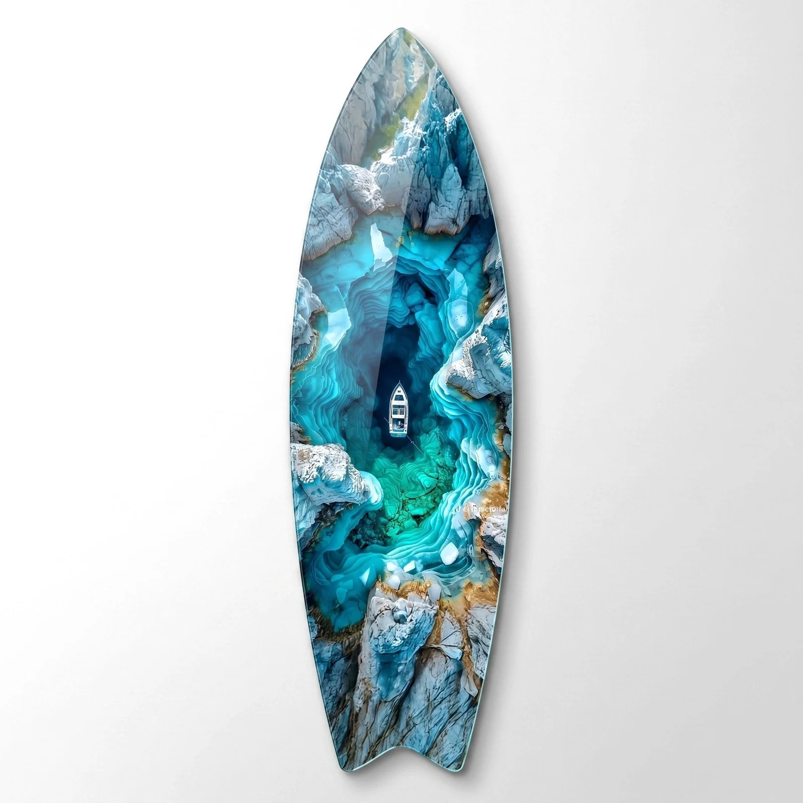 Blue Canyon Aerial Boat Surfboard Glass Wall Art, front product view on a neutral background