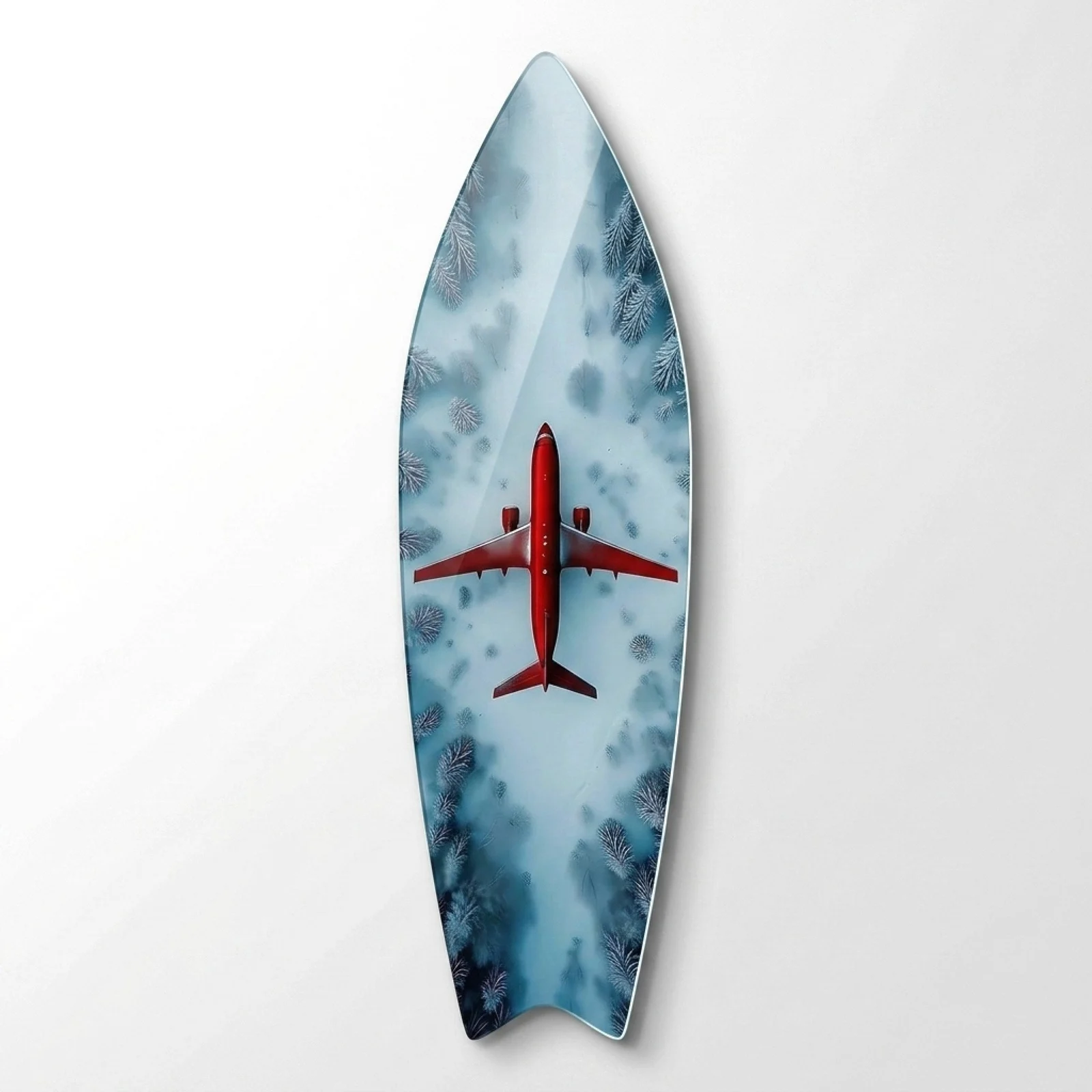 Red Airplane over Snowy Forest Surfboard Glass Wall Art, front product view on a neutral background
