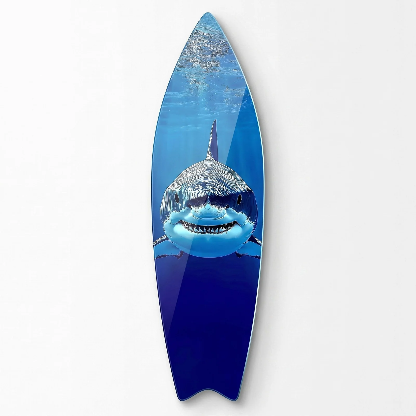 Great White Shark Surfboard Glass Wall Art, front product view on a neutral background