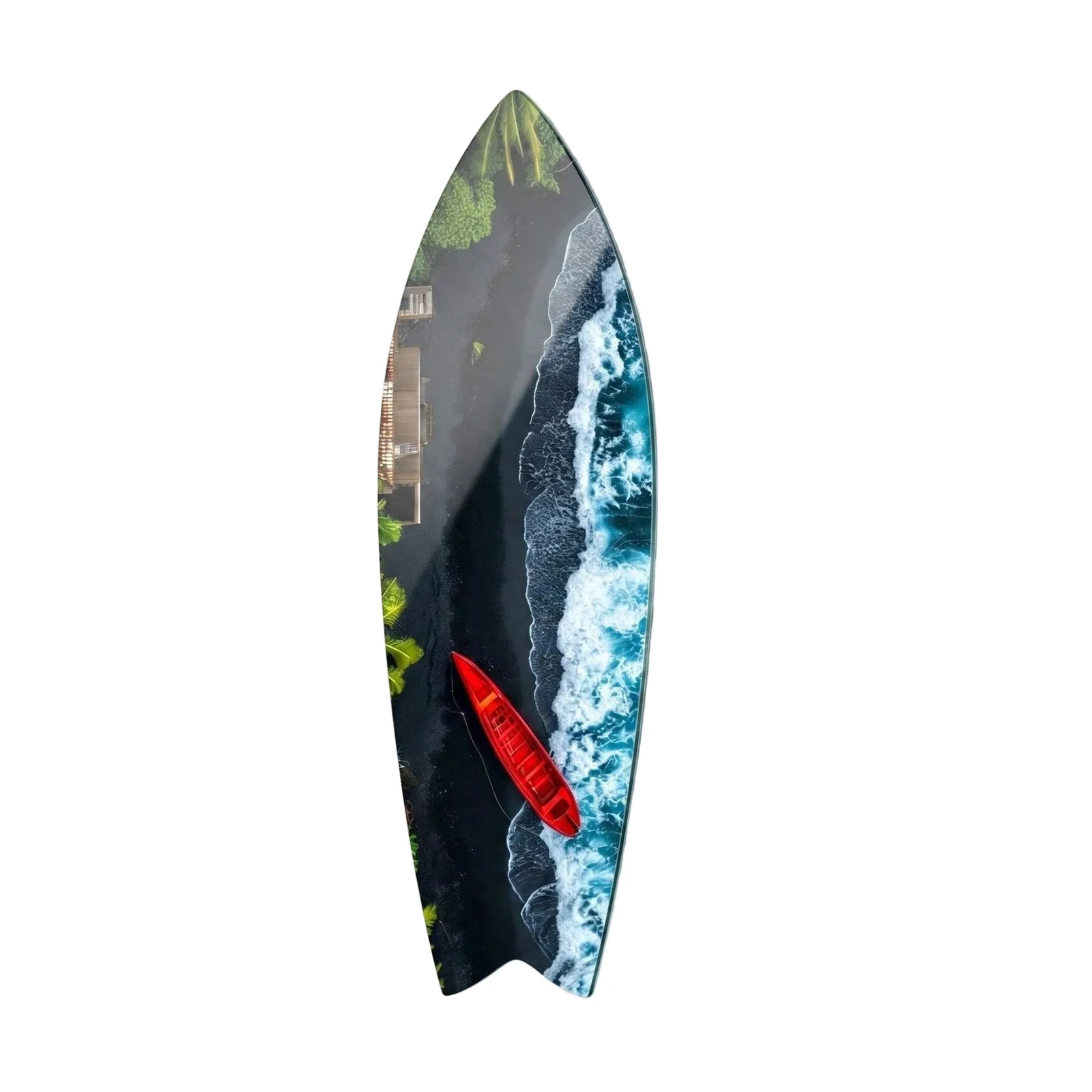 Red Boat on Black Sand Beach Surfboard Glass Wall Art, front product view on a neutral background