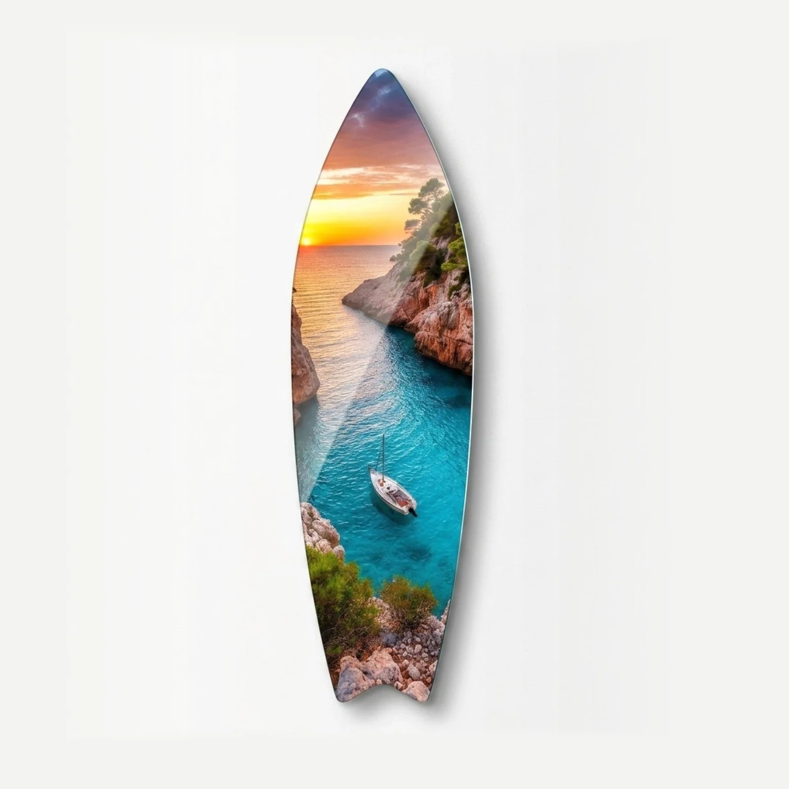 Sunset Cove Sailboat Surfboard Glass Wall Art, front product view on a neutral background