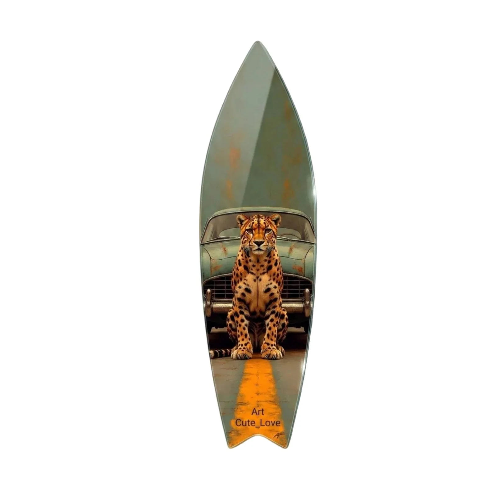 Leopard with Classic Green Car Surfboard Glass Wall Art, front product view on a neutral background