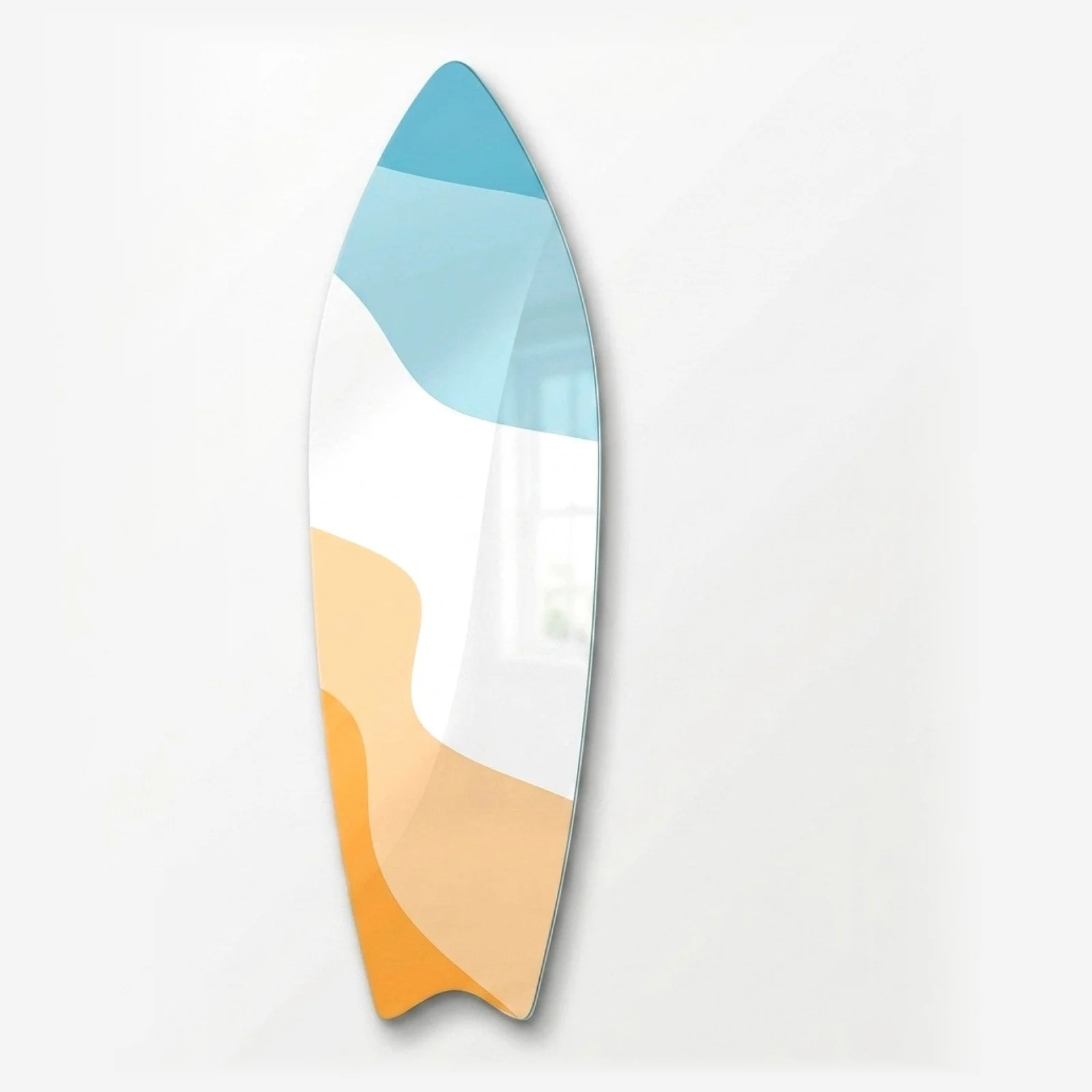 Minimal Beach Color Blocks Surfboard Glass Wall Art, front product view on a neutral background