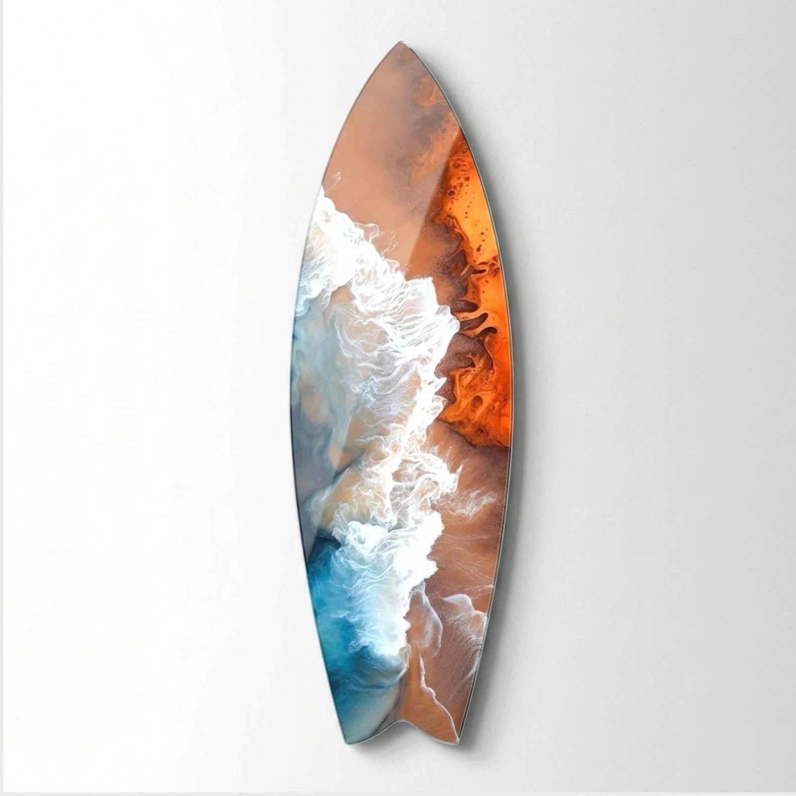 Turquoise Waves and Rust Coast Surfboard Glass Wall Art, front product view on a neutral background