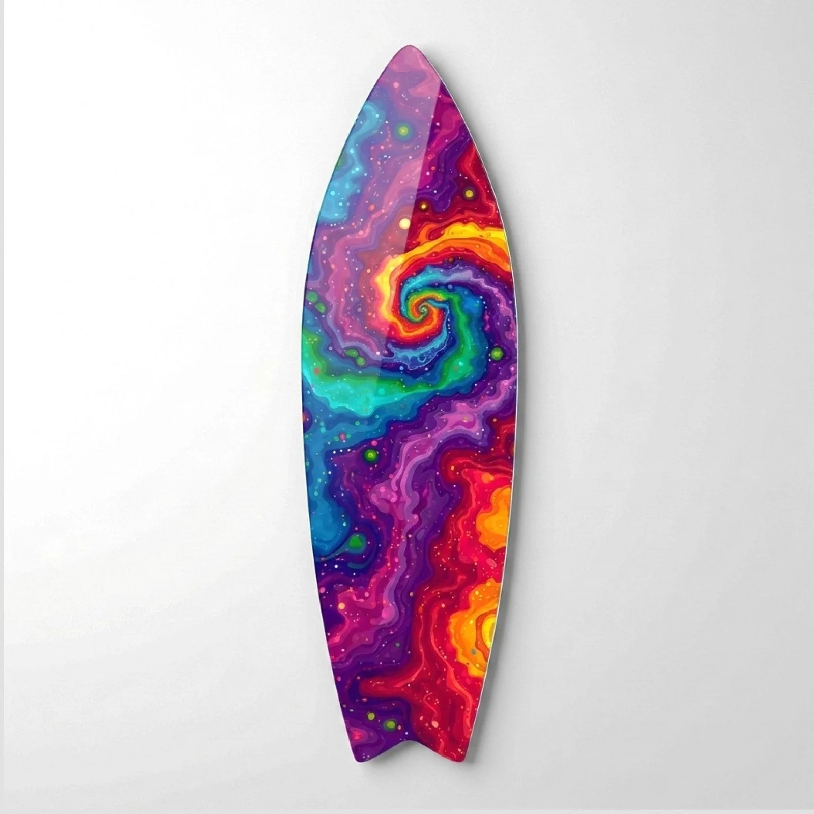 Psychedelic Rainbow Vortex Surfboard Glass Wall Art, front product view on a neutral background