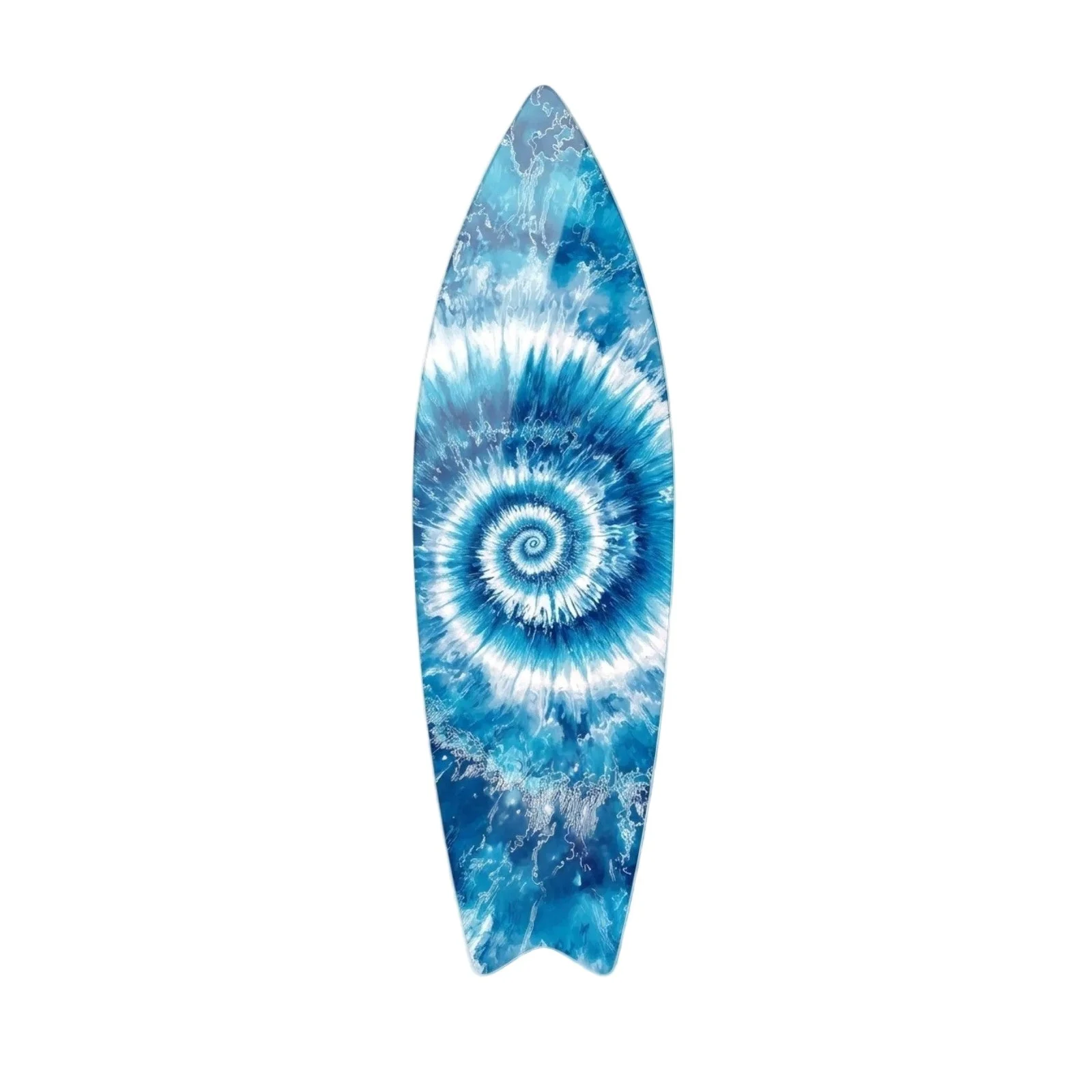Blue and White Spiral Tie-Dye Surfboard Glass Wall Art, front product view on a neutral background