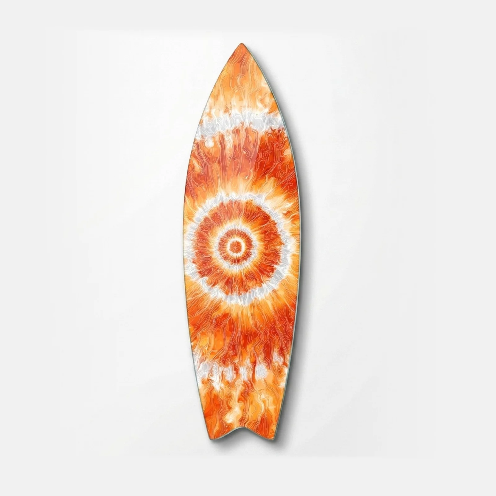 Orange Fire Spiral Tie-Dye Surfboard Glass Wall Art, front product view on a neutral background