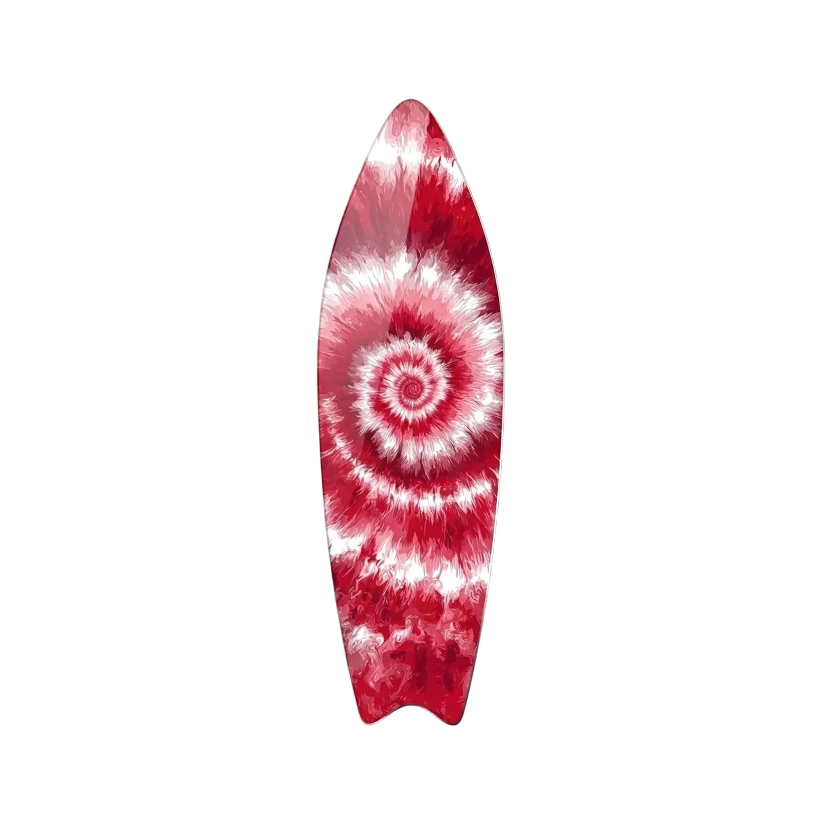 Red and White Spiral Tie-Dye Surfboard Glass Wall Art, front product view on a neutral background
