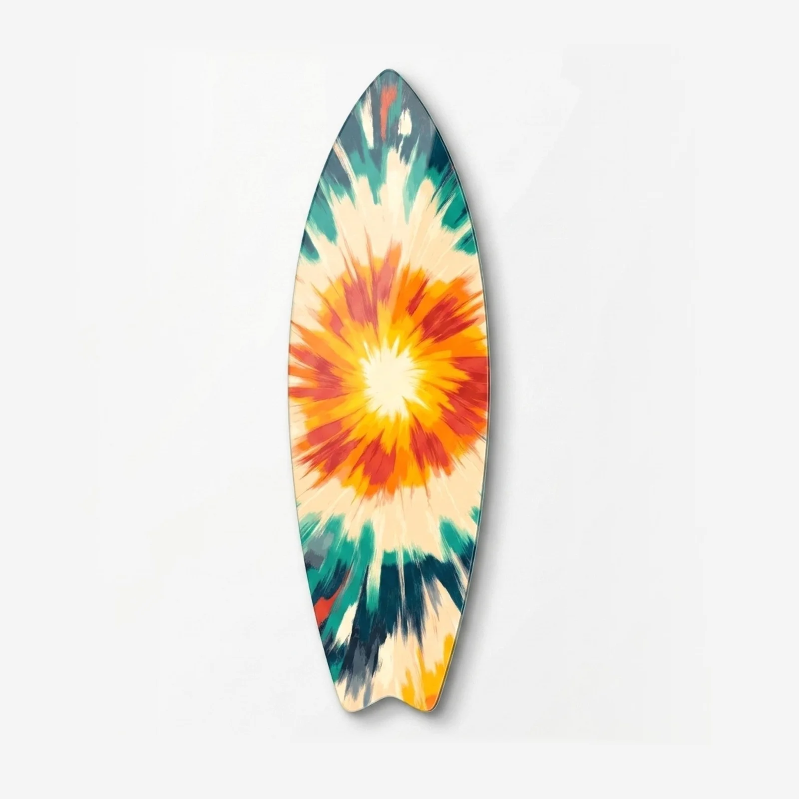 Teal and Orange Sunburst Tie-Dye Surfboard Glass Wall Art, front product view on a neutral background