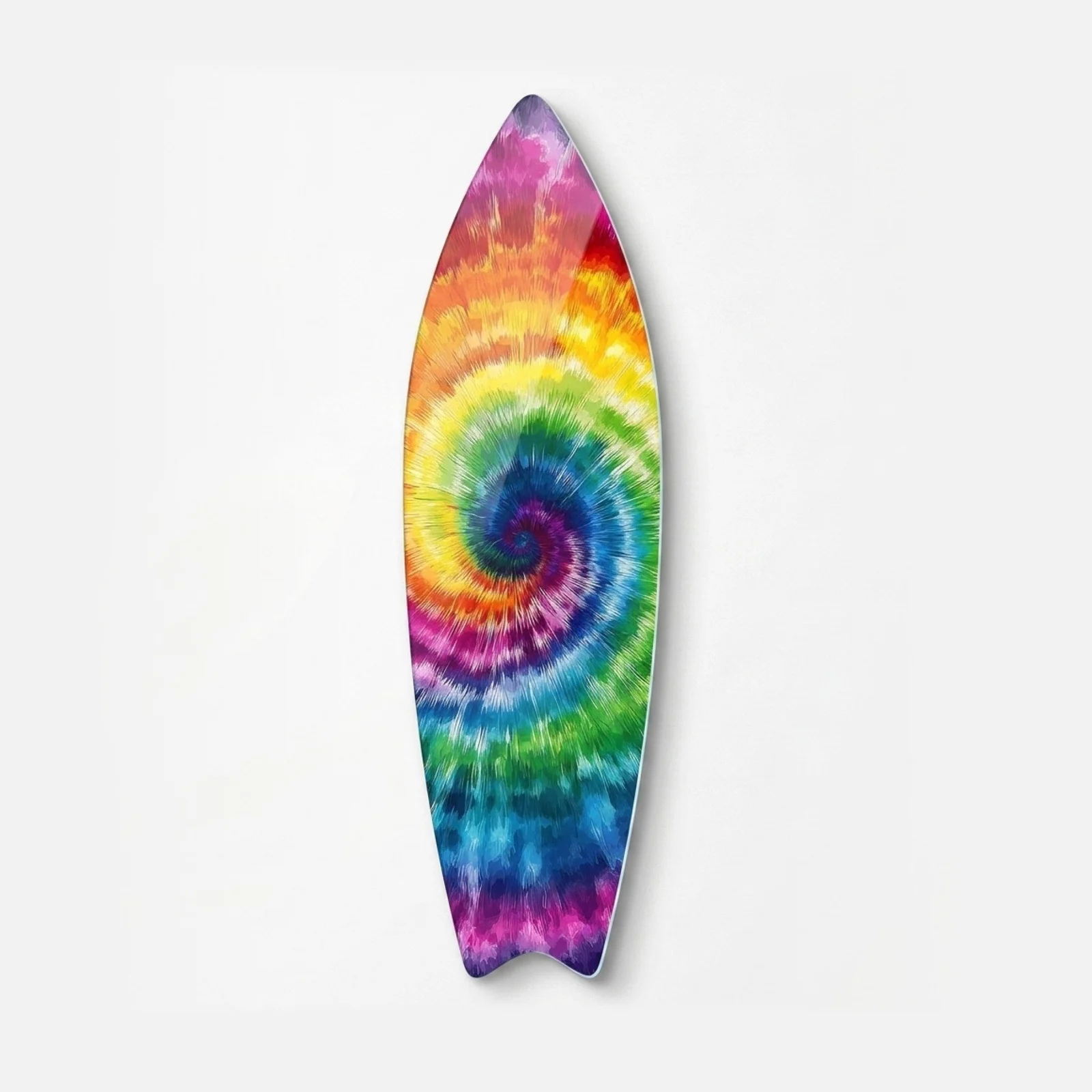 Rainbow Spiral Tie-Dye Surfboard Glass Wall Art, front product view on a neutral background
