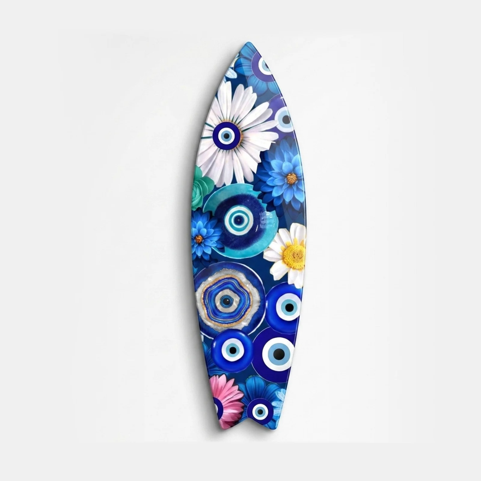 Evil Eye Floral Bouquet Surfboard Glass Wall Art, front product view on a neutral background
