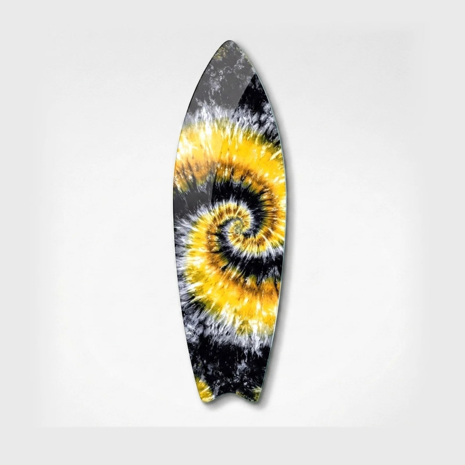 Yellow and Black Spiral Tie-Dye Surfboard Glass Wall Art, front product view on a neutral background