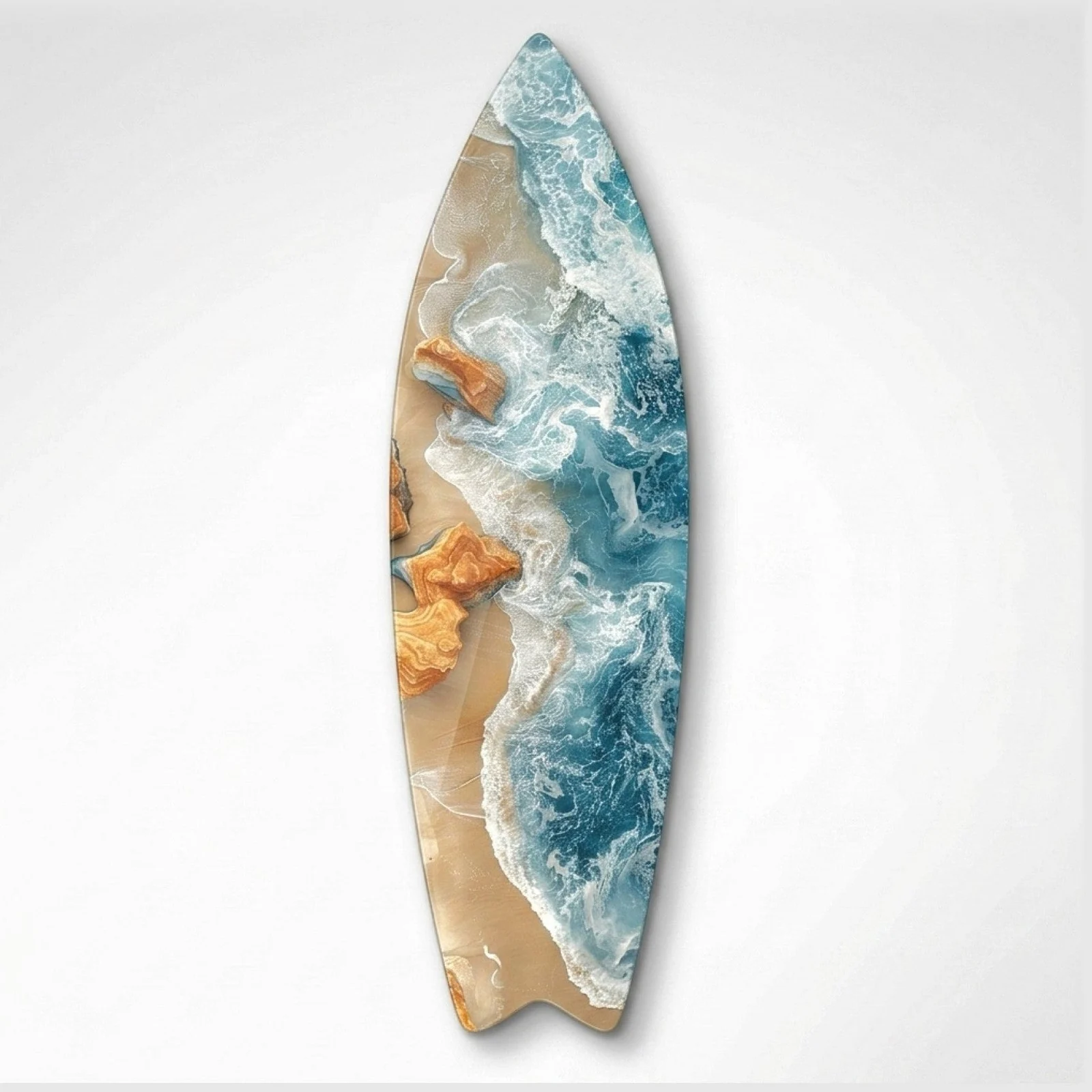 Turquoise Sea and Orange Rocks Surfboard Glass Wall Art, front product view on a neutral background