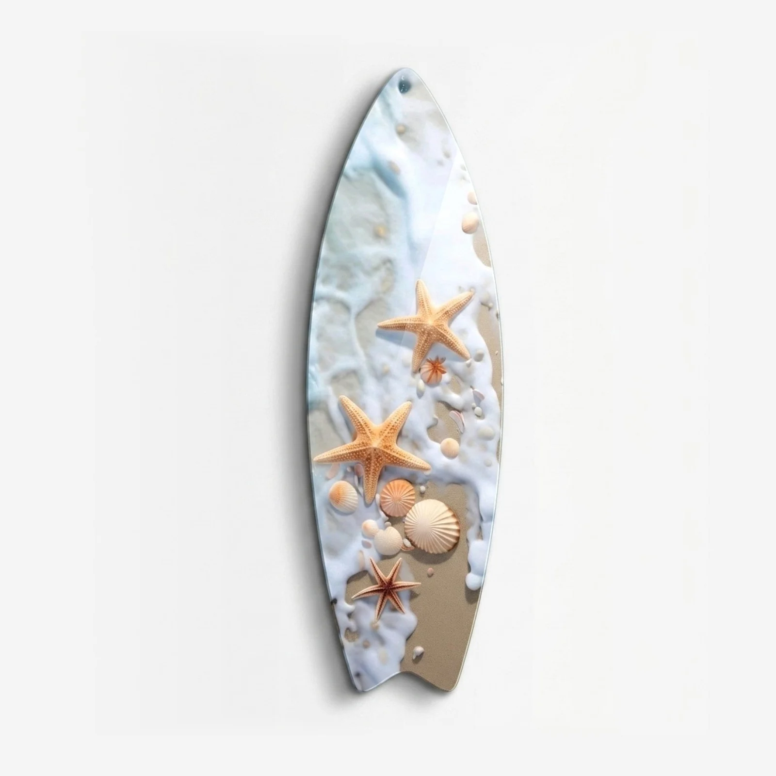 Starfish and Seashell Beach Surfboard Glass Wall Art, front product view on a neutral background