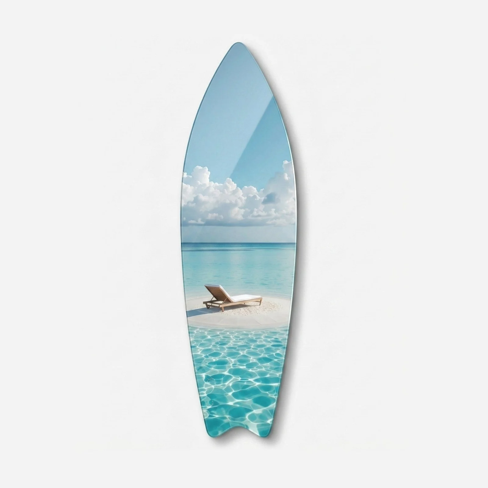 Turquoise Beach Lounge Surfboard Glass Wall Art, front product view on a neutral background