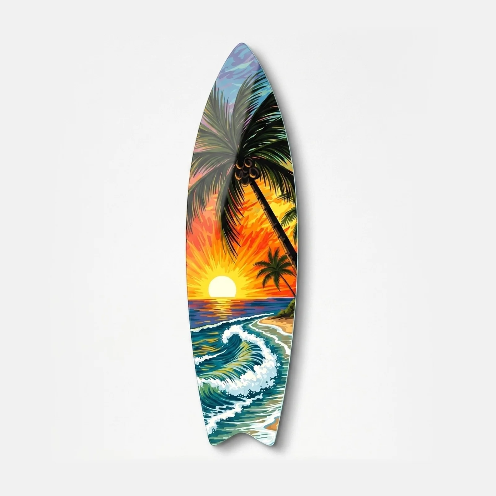 Tropical Wave Sunset Surfboard Glass Wall Art, front product view on a neutral background